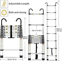 Vista 2 de Escalera Telescópica, Escalera Telescópica de Aluminio RIKADE de 8.5 Pies con Pies Antideslizantes y Gancho Estable, Escalera de Extensión Portátil