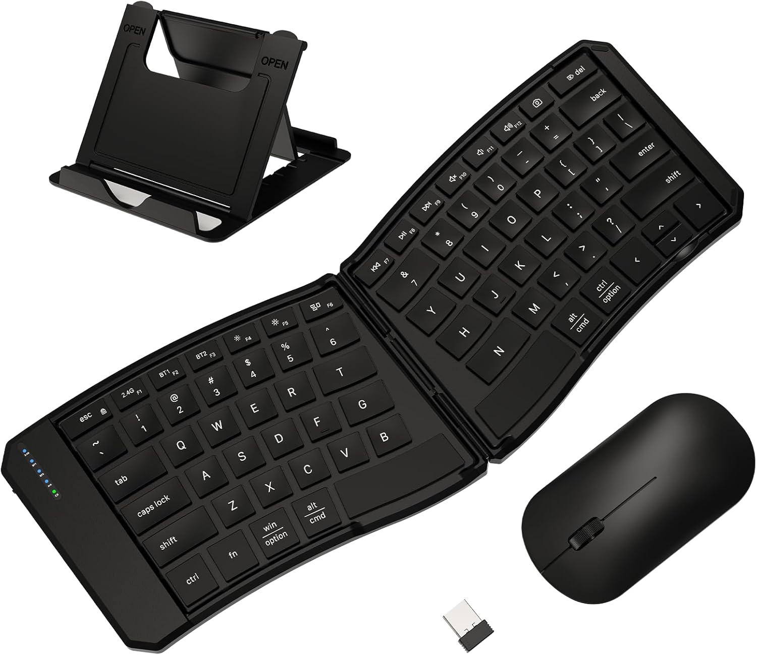 Ergonomic Foldable Keyboard and Mouse Combo, 2.4G+Dual Bluetooth Rechargeable Folding Keyboard Mouse for Travel and Business, Split Design, Portable Size for Laptop iPads Tablet Smartphone