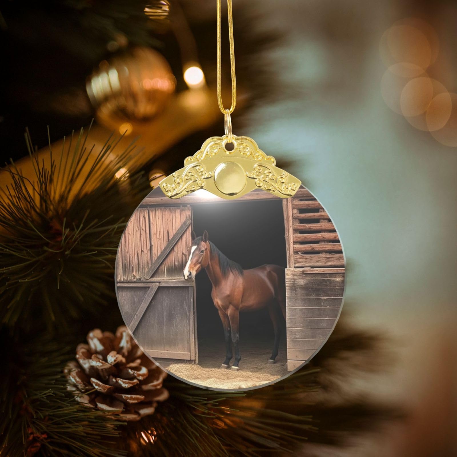 Crystal Christmas Ornaments for Christmas Tree Decoration Hanging Barn Horse Ornament with Gold Ribbon Crafts Round Pendant for Keepsake Gifts Glass Xmas Decor Party Supplies