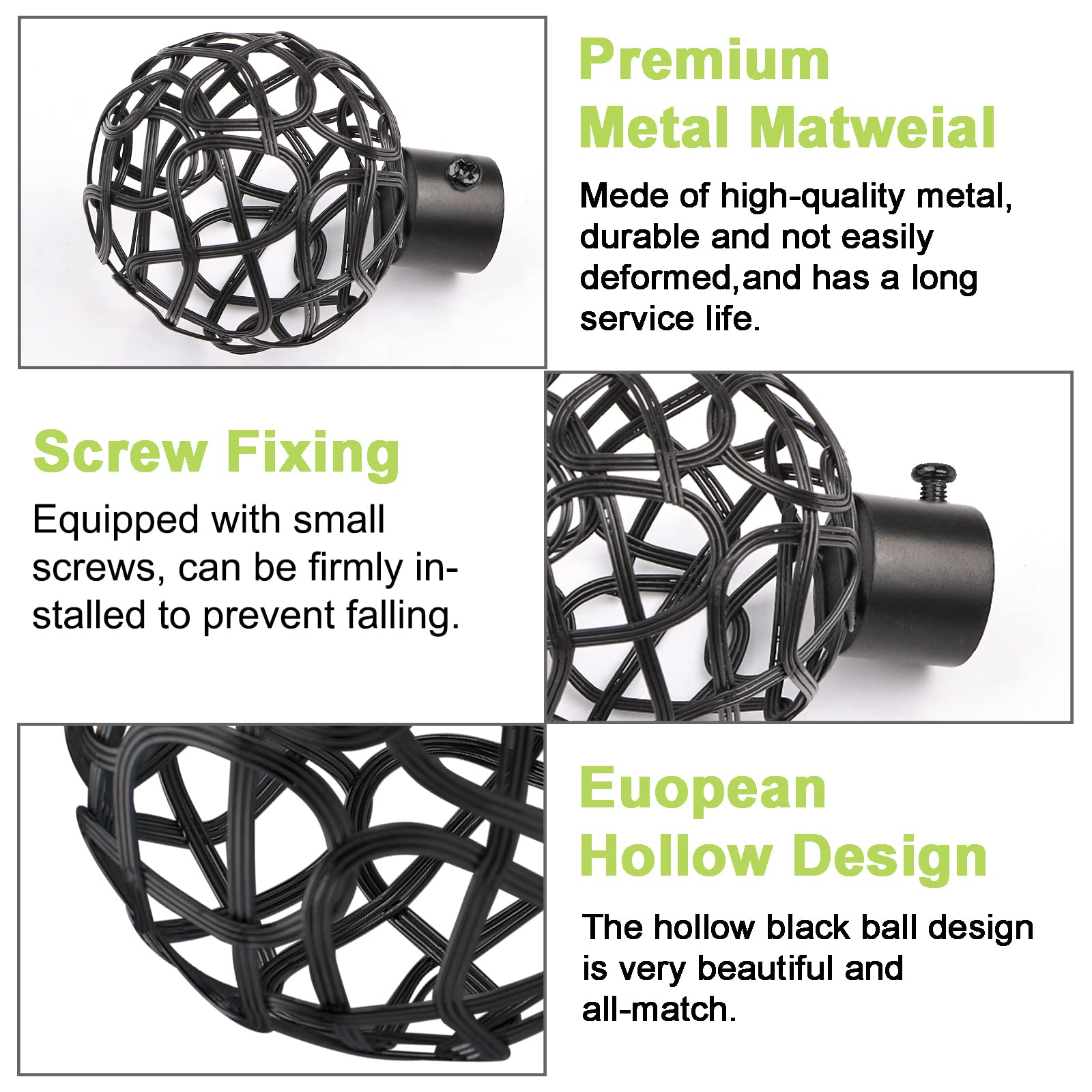 Finali Per Tende In Metallo Nero 2 Pezzi - Terminali Decorativi A Sfera In Filo Di Ferro Per Asta Diametro 19mm - Decorazione Finestra Design Creativo - 2