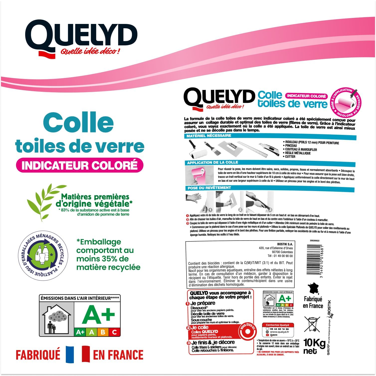 Quelyd Colle Toiles de Verre – Colle Avec Indicateur Coloré – Prête à l'Emploi – Tous Supports Muraux – Toutes Pièces dont Cuisines et Salles de Bain – Sans Solvant – Seau de 10kg (50m²)