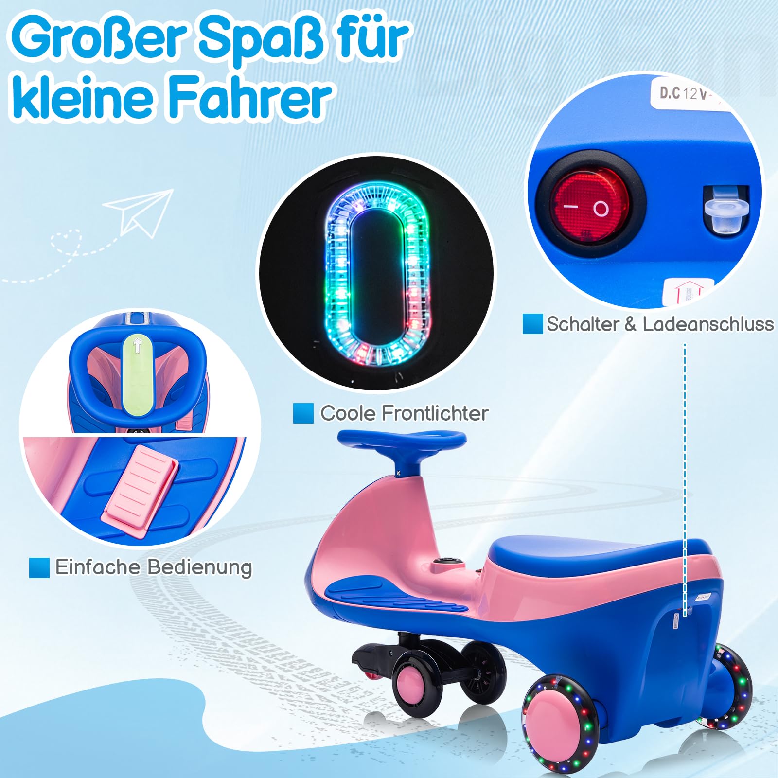 LALAHO Auto elettrica per bambini, 12 V, con pedale, auto elettrica a 2 velocità, protezione antiribaltamento, Bluetooth, per bambini dai 3 anni in su (blu e rosa)