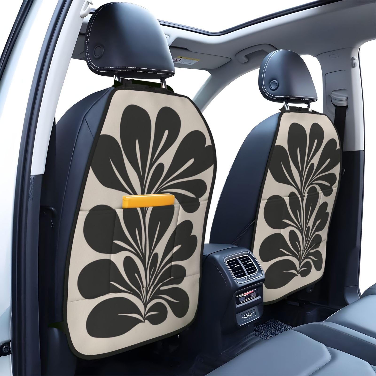 Minimalist Botanical Black Solid Fraejipani Car Seat Back Kick Protectors,2 Pack Kick Mats with Storage Pockets for Vehicles to Protect from Dirt Mud Scratches