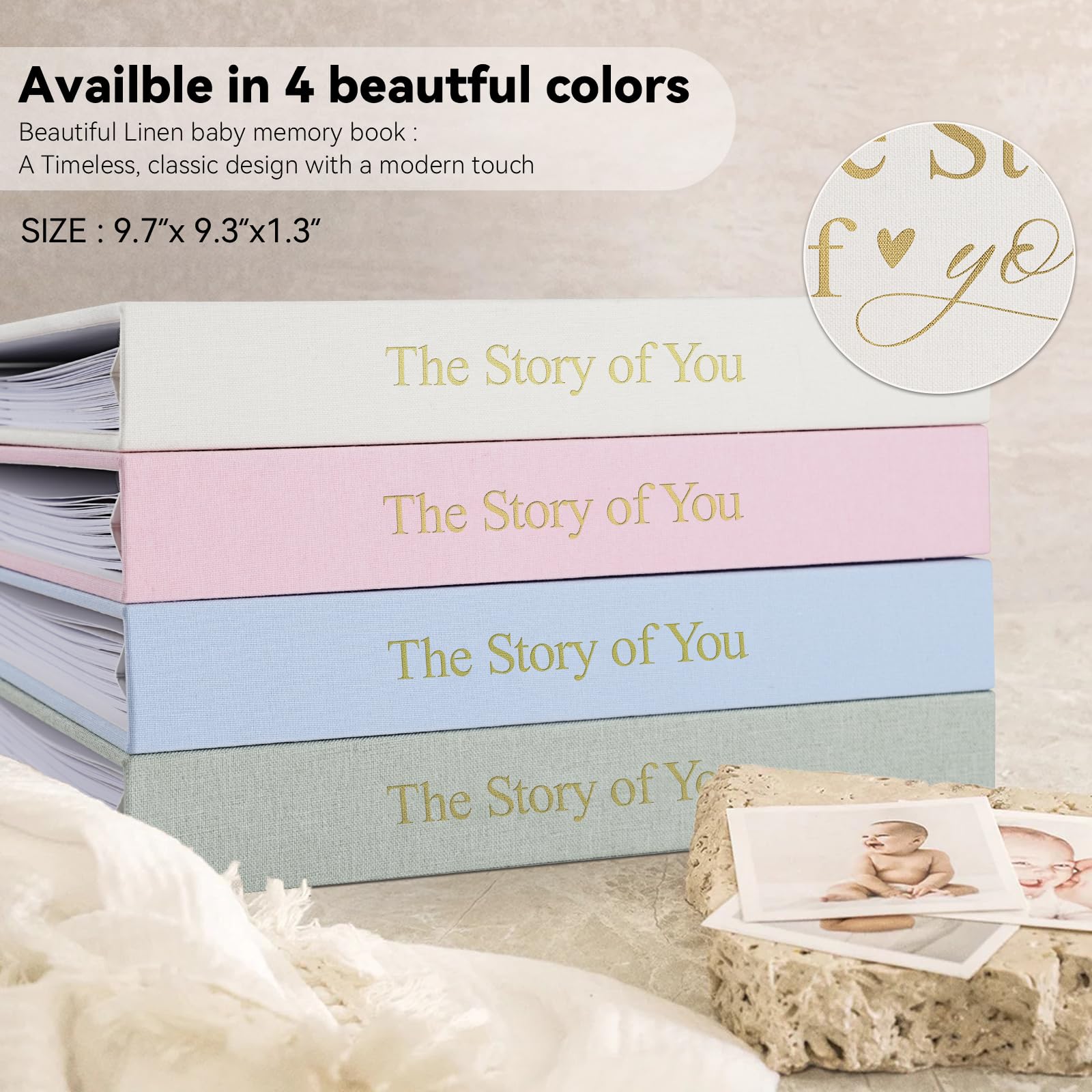 Timeless First 5 Years Keepsake Baby Memory Book para niño o niña, cubierta de lino de lujo, páginas libres de ácidos, diario neutro para bebé, libro de hitos o álbum de recortes, graba tu historia