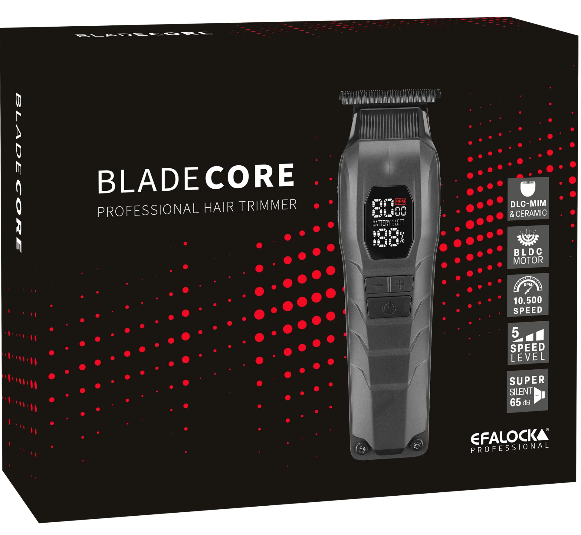 Rotschopf24 Efalock BLADECORE Konturenschneider + Tasche. Profi Trimmer für Konturen & Bart | Haarschneider mit Keramik- & DLC-Klinge | Bürstenlos | Akku + Netz | LED Display. Konturenhaarschneider.