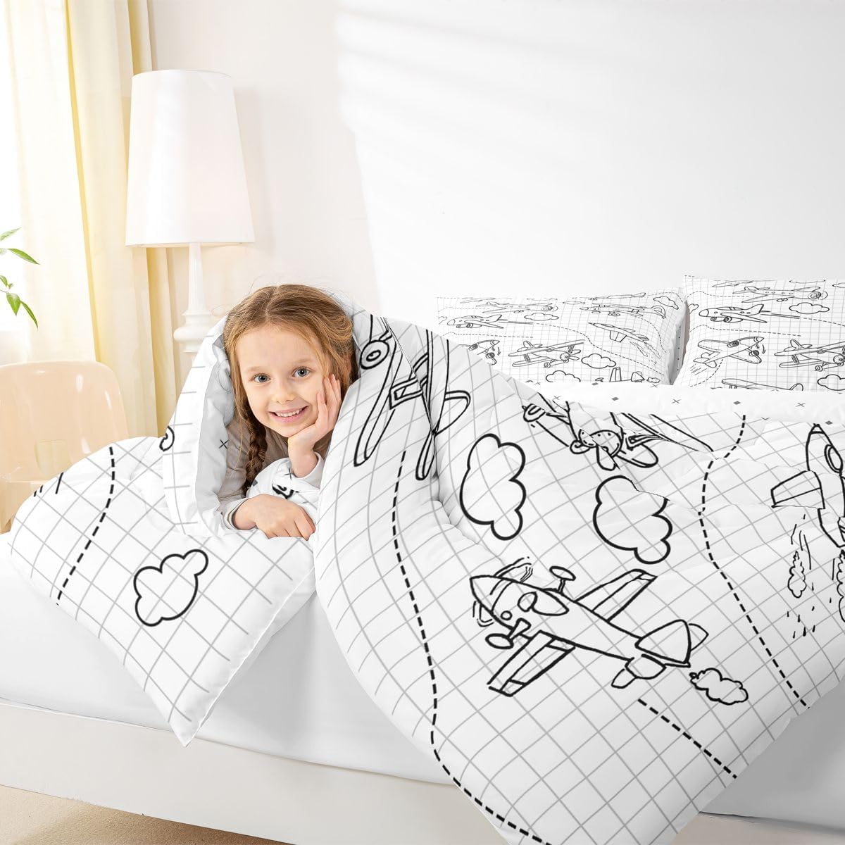 Feelyou Kids Airplane Comforter Set Twin Size Flight Bedding Set for Boys Girls Teens Decor Cloud Travel Comforter Aircraft Black White Duvet Set with 1 Pillow Case Boys