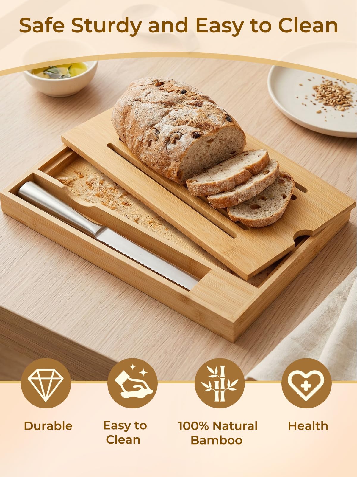 FOHERE Tabla Cortar Pan Bambú Bandeja Recogemigas, Cuchillo Pan Incluido | Bambú Ecológico, Bandeja Recogemigas Extraíble, 2-En-1 Corte/Servicio, Adecuado Para Baguette/Croissant, 38 X 24,8 X 3 cm