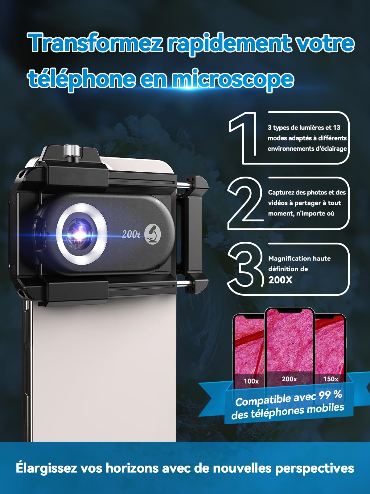 APEXEL 3in1 Microscope Telephone Portable,100-200X téléphone Microscope pour Smartphone,Explorez Le Monde microscopique avec Le pour Smartphone