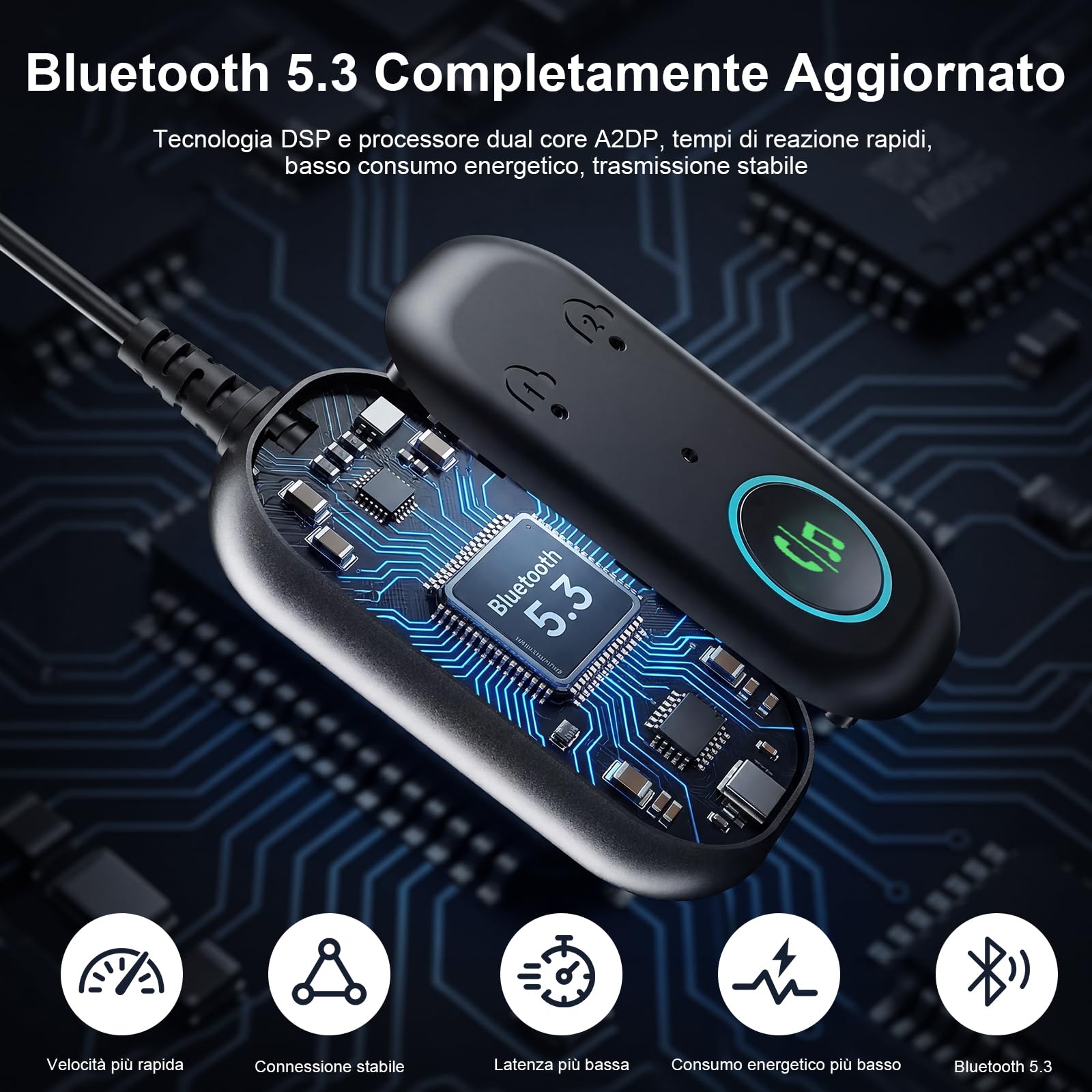 Ricevitore trasmettitore Bluetooth 5.3, adattatore Bluetooth wireless per auto/aereo, microfono per chiamate, adattatore Bluetooth AUX wireless 2 in 1 per TV, aereo, cuffie, Airpods