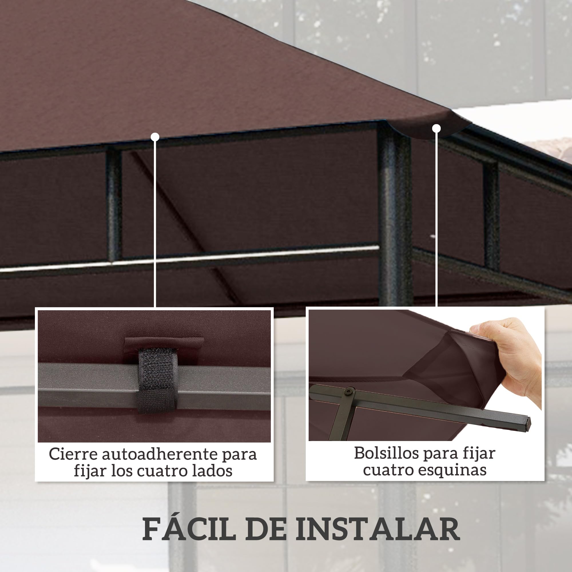 Outsunny Techo de Repuesto para Cenador, 3x3 m, Cubierta de Repuesto con 8 Orificios de Drenaje, Ventilación y Protección UV, Solo Toldo de Recambio para Pabellón Gazebo, Café
