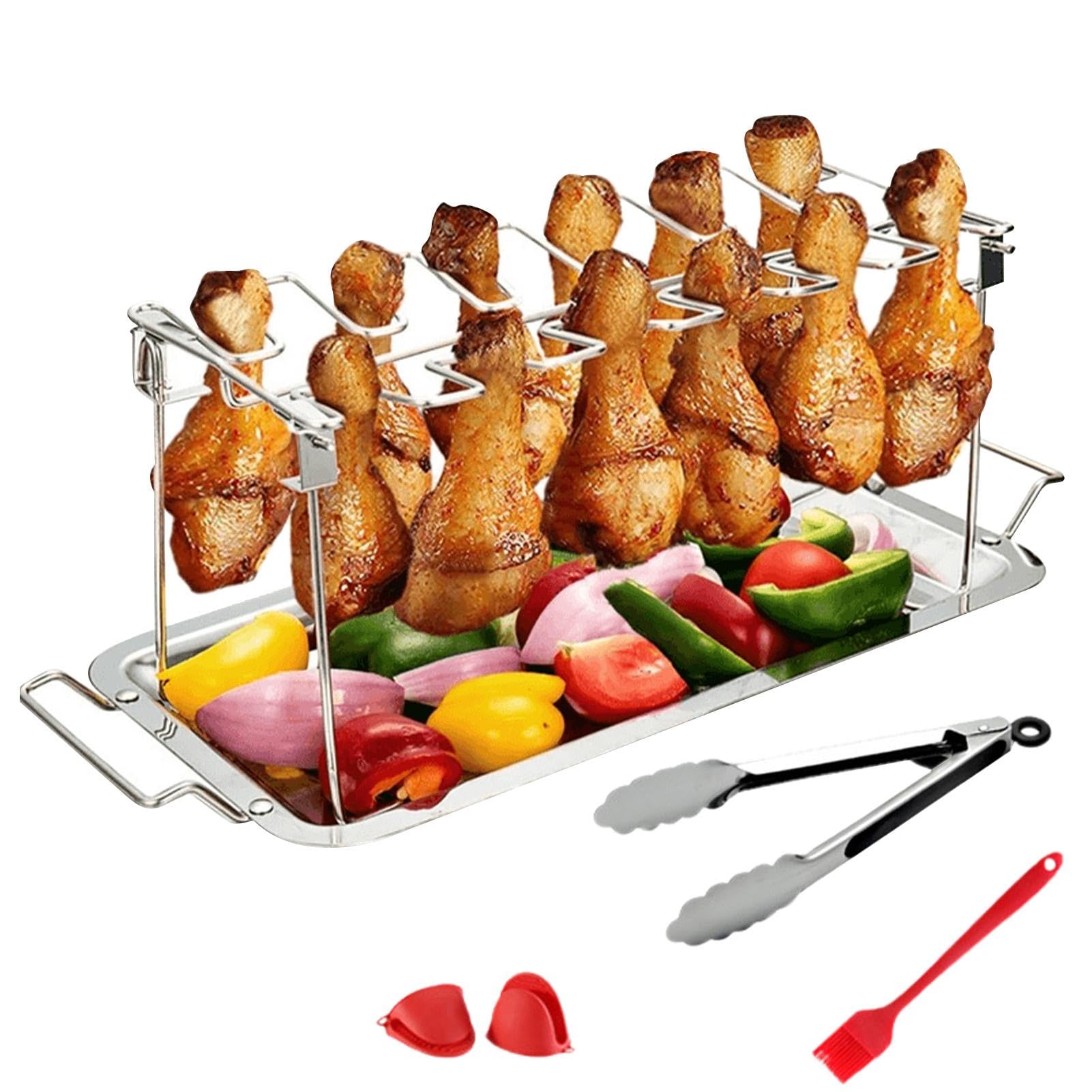 Supporto Verticale Per Pollo Arrosto Con Vassoio Raccogocce - Griglia Per 14 Cosce, Ali E Bacchette, Per Barbecue E Forno
