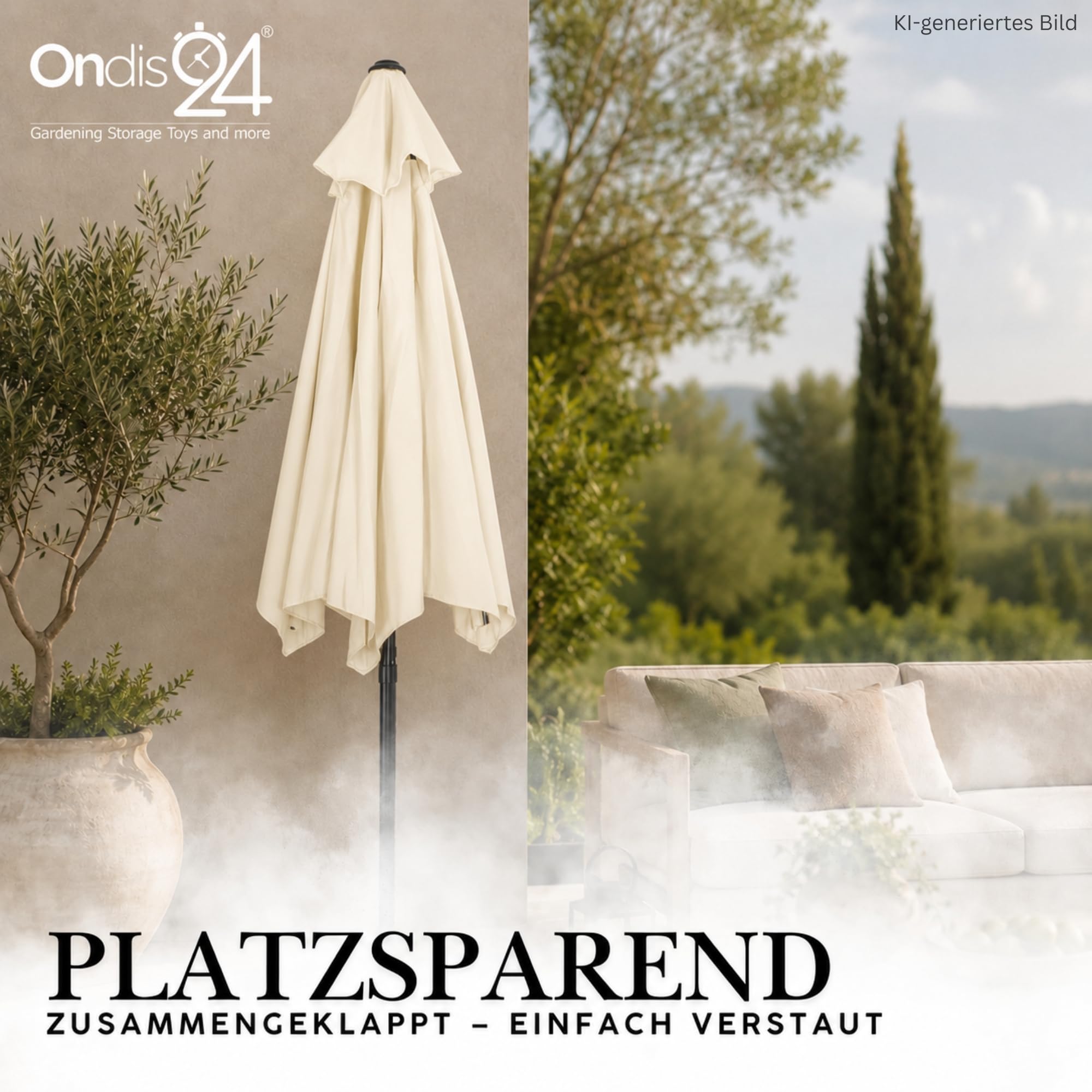Ondis24 Strandschirm 1,8 Meter Sonnenschutz Sonnenschirm 180 cm rund mit Kurbel, Knick-Gelenk, UV 50, 38mm Standrohr (beige)