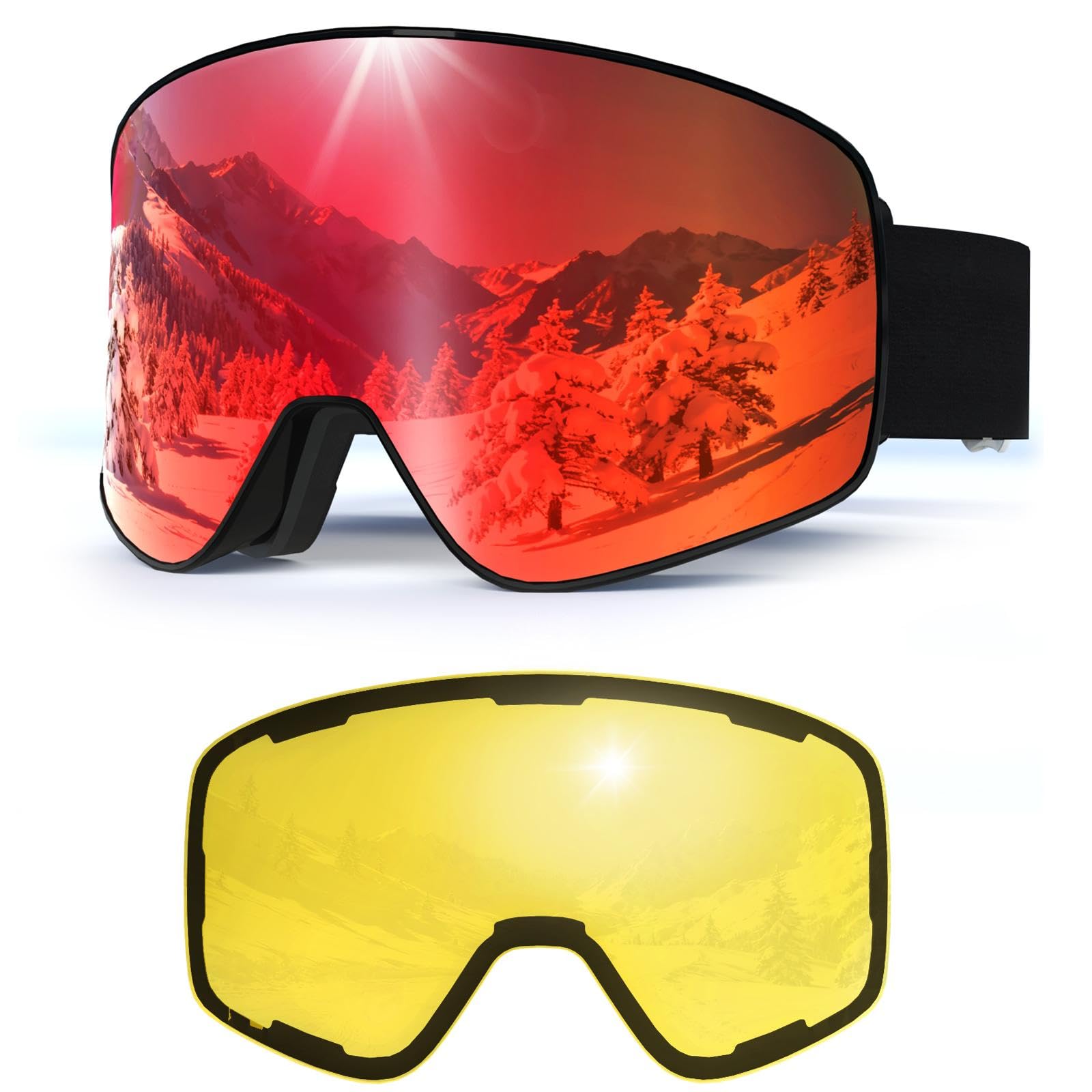 VCOROS Gafas de Esquí con Magnético Lentes Intercambiables YH212 para Ski | Gafas Esqui OTG para Unisex Ajustable Tamaño Anti-Niebla Protección UV Snowboard Nieve Espejo para Ciclismo