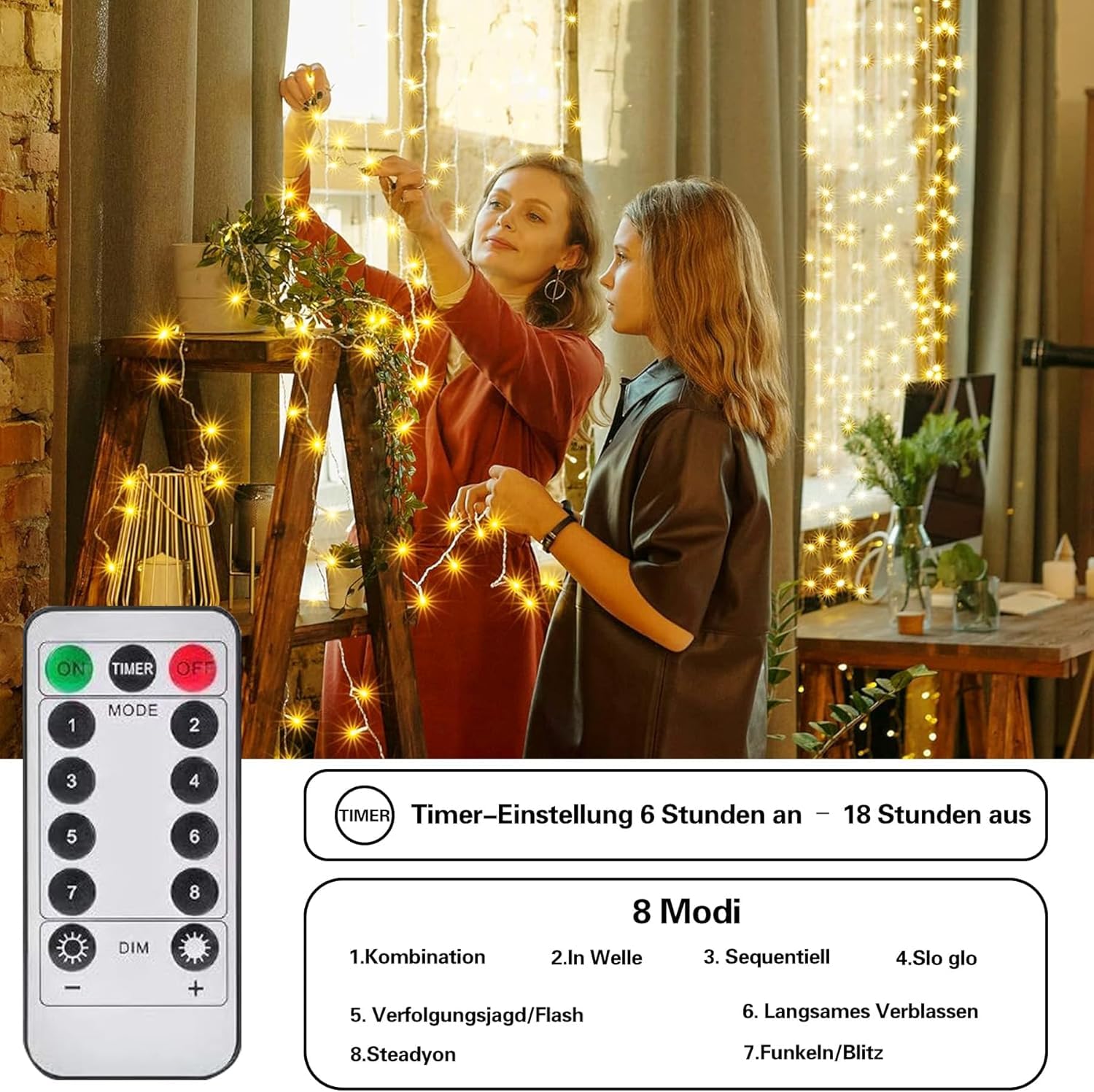 [2 pezzi] 60 luci a LED a batteria per Natale, 7 m/8 modalità, IP65 impermeabile con timer e telecomando, decorazione per feste (bianco)