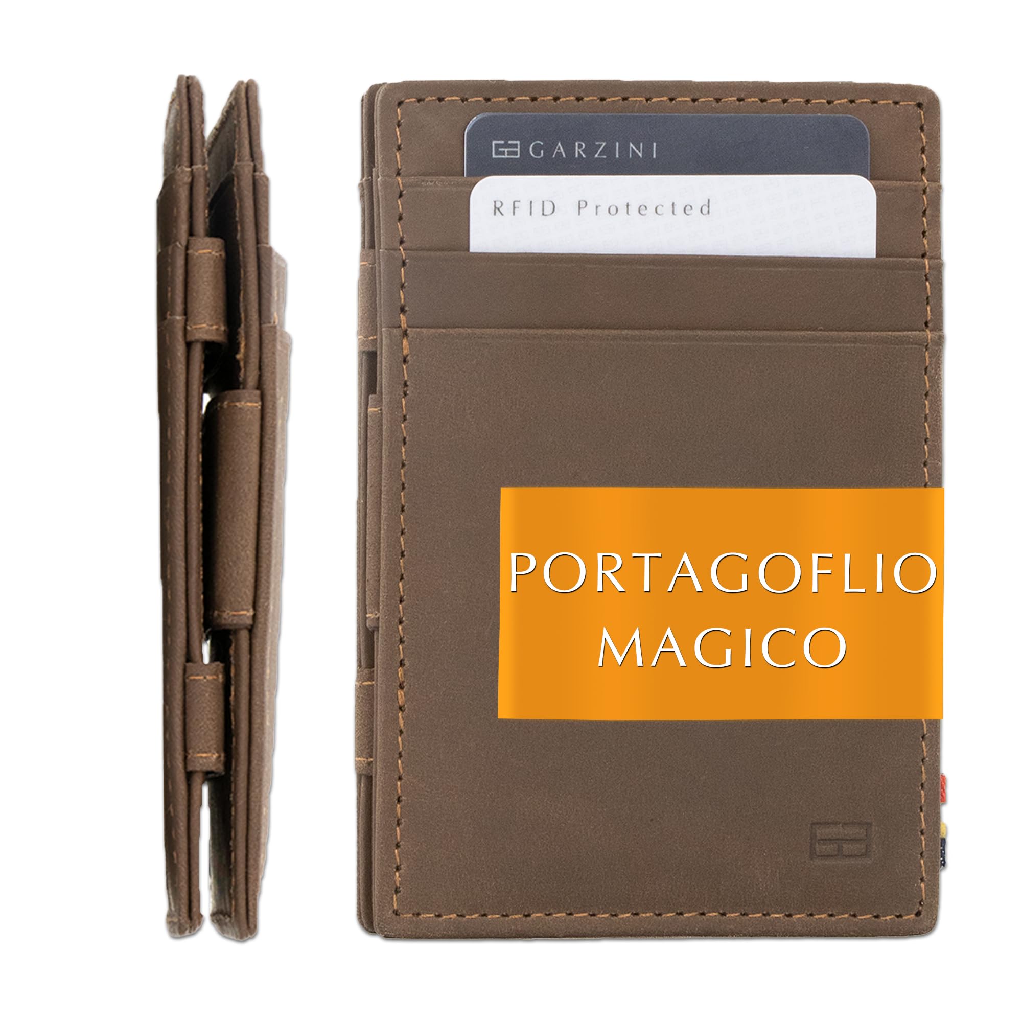 GARZINI Portafoglio Magico - in vera pelle, sottile e minimalista Magic Wallet da uomo con sistema di blocco RFID