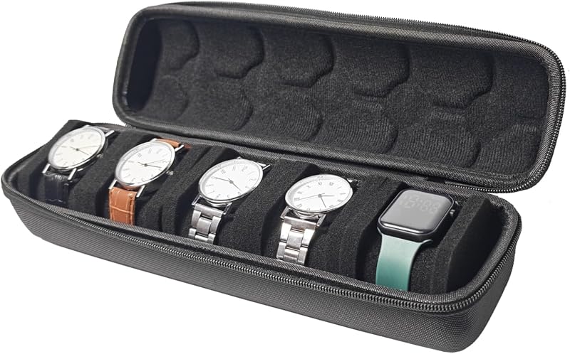 MshinbeAmy 5 Slots Watch Travel Case for Men and Women with Zipper, Hard Watch Storage Box with Removable Shockproof Watch Pillows