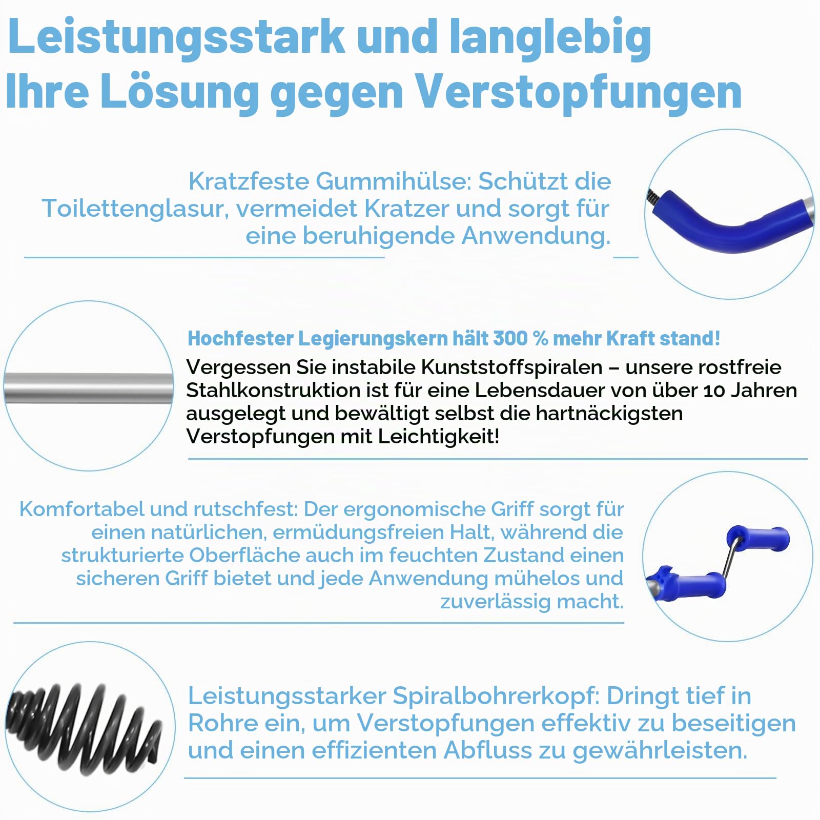 Rohrreinigungsspirale für Toiletten 1,8 m mit Nicht Kratzendem Silikonkopf | Robuste Edelstahlspirale zum sicheren Lösen von Verstopfungen in Toiletten und Abflussrohren, flexibel und einfach zu führen