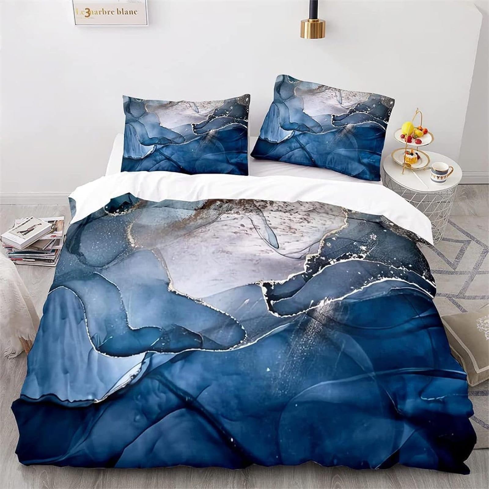 Federe 80x80 Cm Biancheria Da Letto HOMHOMHA Marmo Blu - Copripiumino 135x200 Cm Federa 80x80 Cm, Microfibra - 6