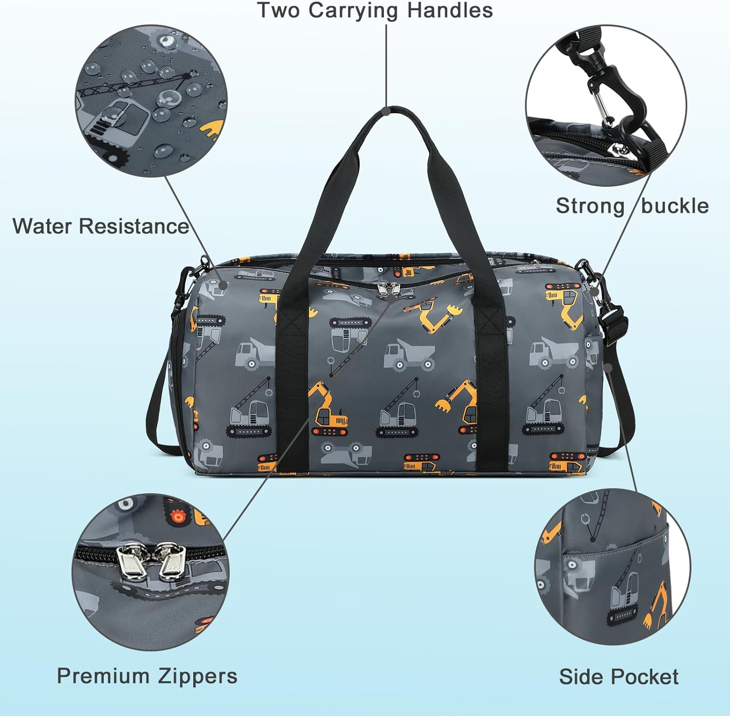 CAMTOP Kids Duffel Overnight Bag Boys Girls Toddler Weekender Carry-On Personalized Tote for Travel Gym Sport (Grey Vehicle) - Image 6