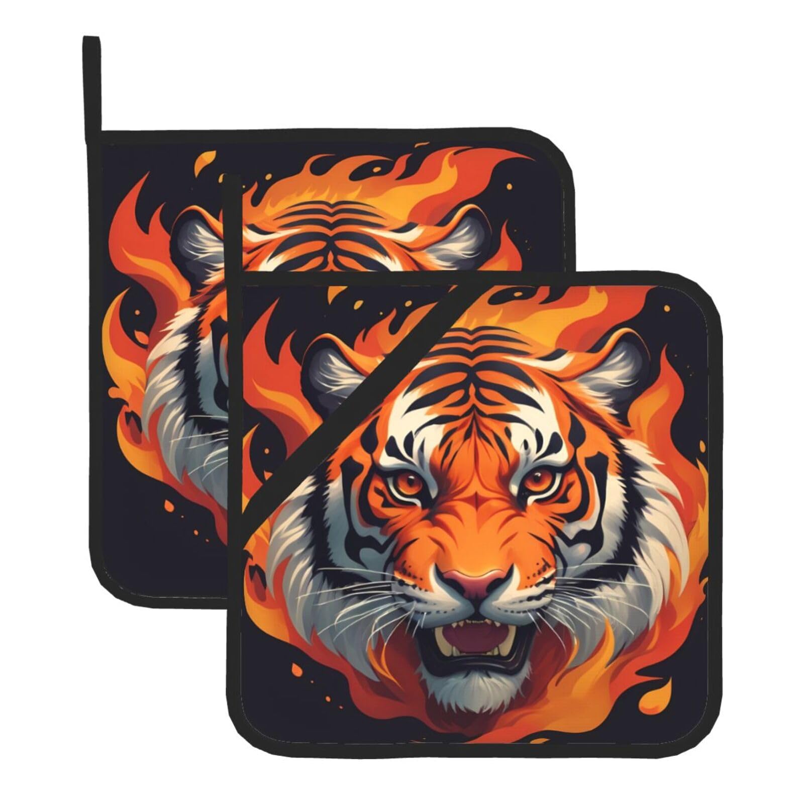 HJFCZH Flame Tiger Printed Square Insulated Pot Mat Set (2-Piece) 8x8in Waterproof, Thickened & Easy to Clean with Lanyard Design for Kitchen, Oven & BBQ