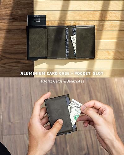 Miniatura 10 de VULKIT Tarjetero Pop Up Slim Wallet Cuero RFID Bloqueo Tarjetero Caja Hasta 8 Tarjetas de Crédito