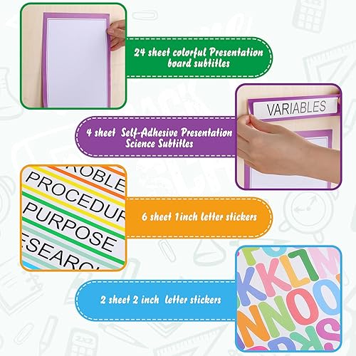 Miniatura 2 de PerKoop 36 hojas de tableros de póster de la feria de ciencias, 24 subtítulos de presentación autoadhesivos, 4 títulos de proyectos de feria