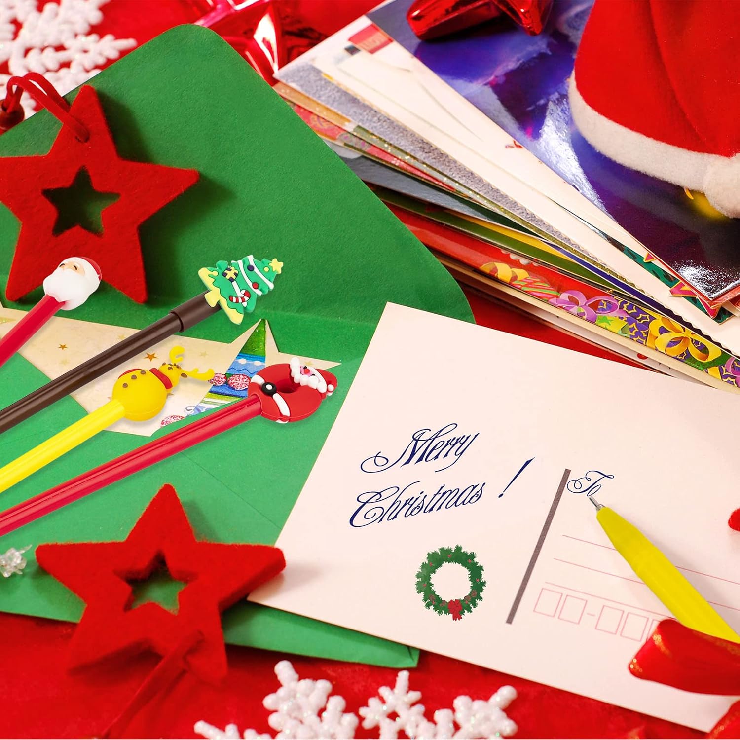 Fainne 120 Pcs Christmas Gel Ink Pen Bulk, 24 Style Novelty Christmas Series Rollerball Pens Black Gel Ink Xmas Tree Snowman Reindeer Santa Claus Shape Pen for School Party Supplies