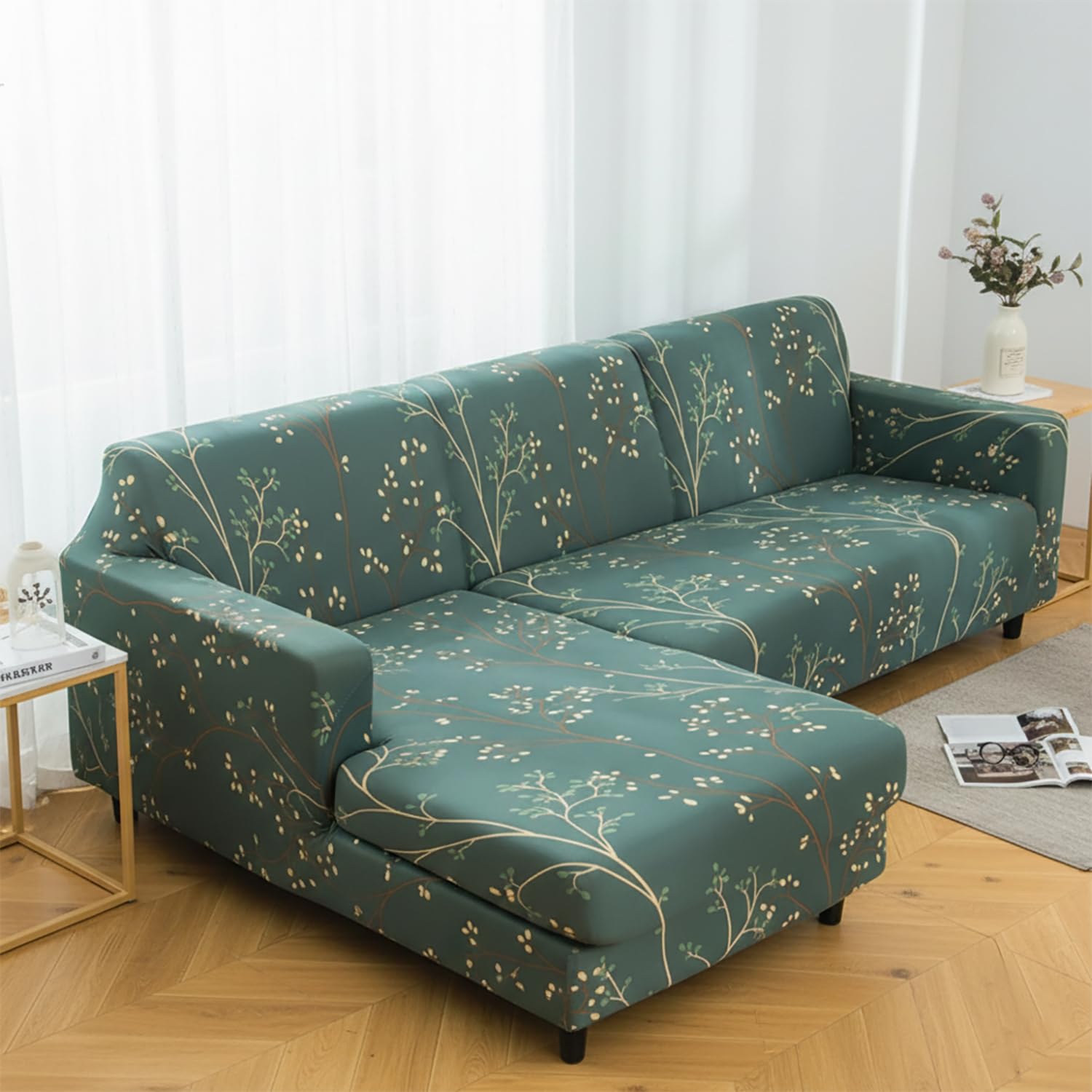 Printed Stretch Sofa Cover, Polyester Spandex Fabric, Big Elasticity Universal Fit – L-Shape (Botanical Green)