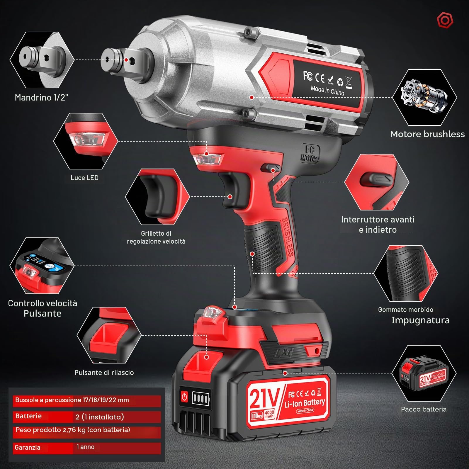 Avvitatore a Impulsi, 1200N.m Cacciavite a Batteria con Batteria 4.0 AH*2, 2 Luci a led, Modalità 3+2 Velocità, Con 5maniche, Pistola a percussione senza spazzole, Auto