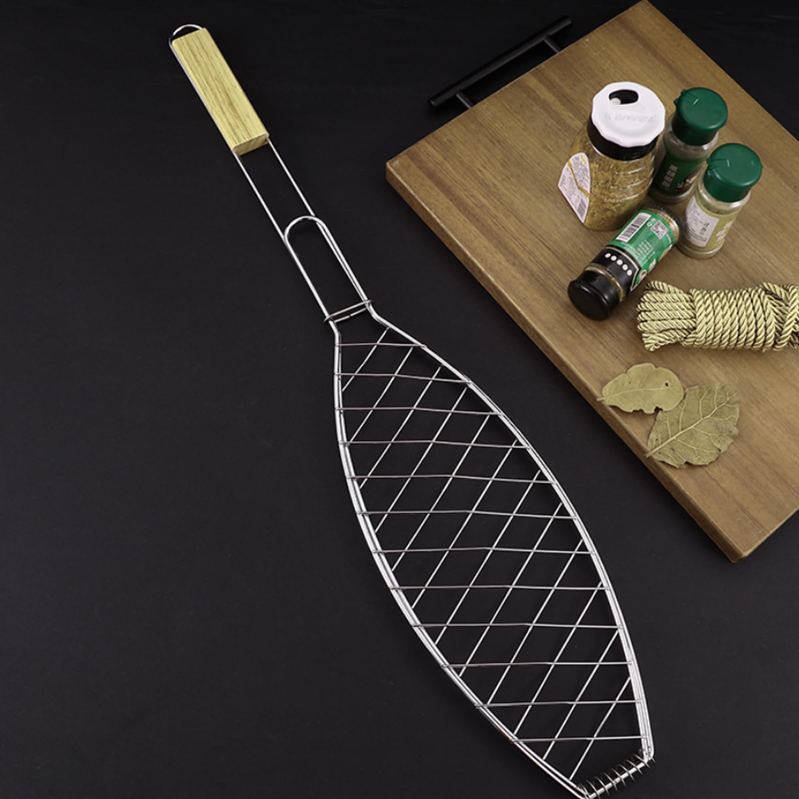 GBKDQQ Lot de 4 supports de barbecue en acier inoxydable avec manche en bois et brosse à huile - 60 x 15 cm - Pince à poisson pour barbecue et barbecue