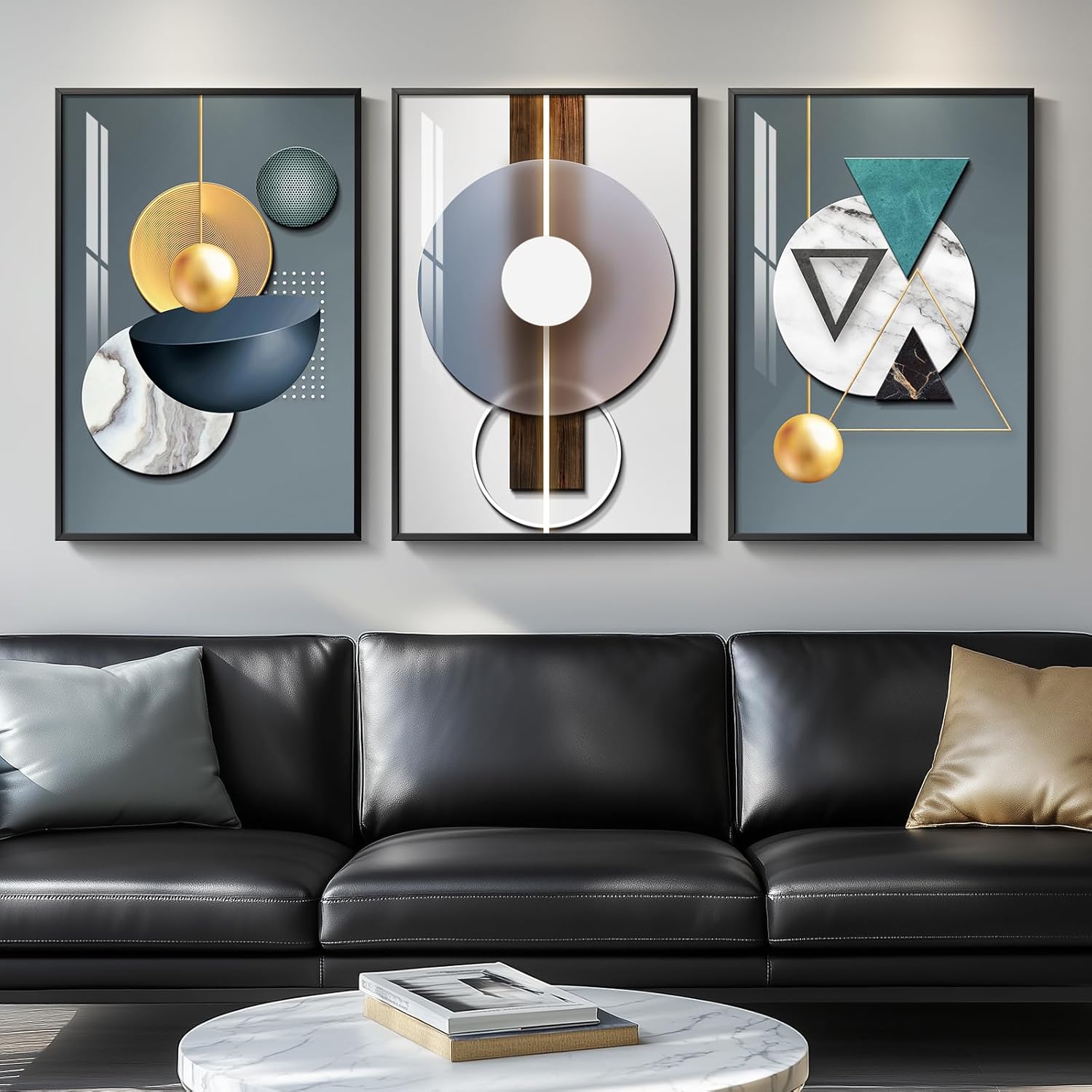 Large Framed Modern Luxury Abstract Wall Art, 3 Piece Blue-Green Prints Paintings Artwork for Walls, Bright Style Geometric Pictures for Living Room Dining Room Bedroom Office Total 30x60 In 20" W x 30" H x 3Pcs Geometric Melody
