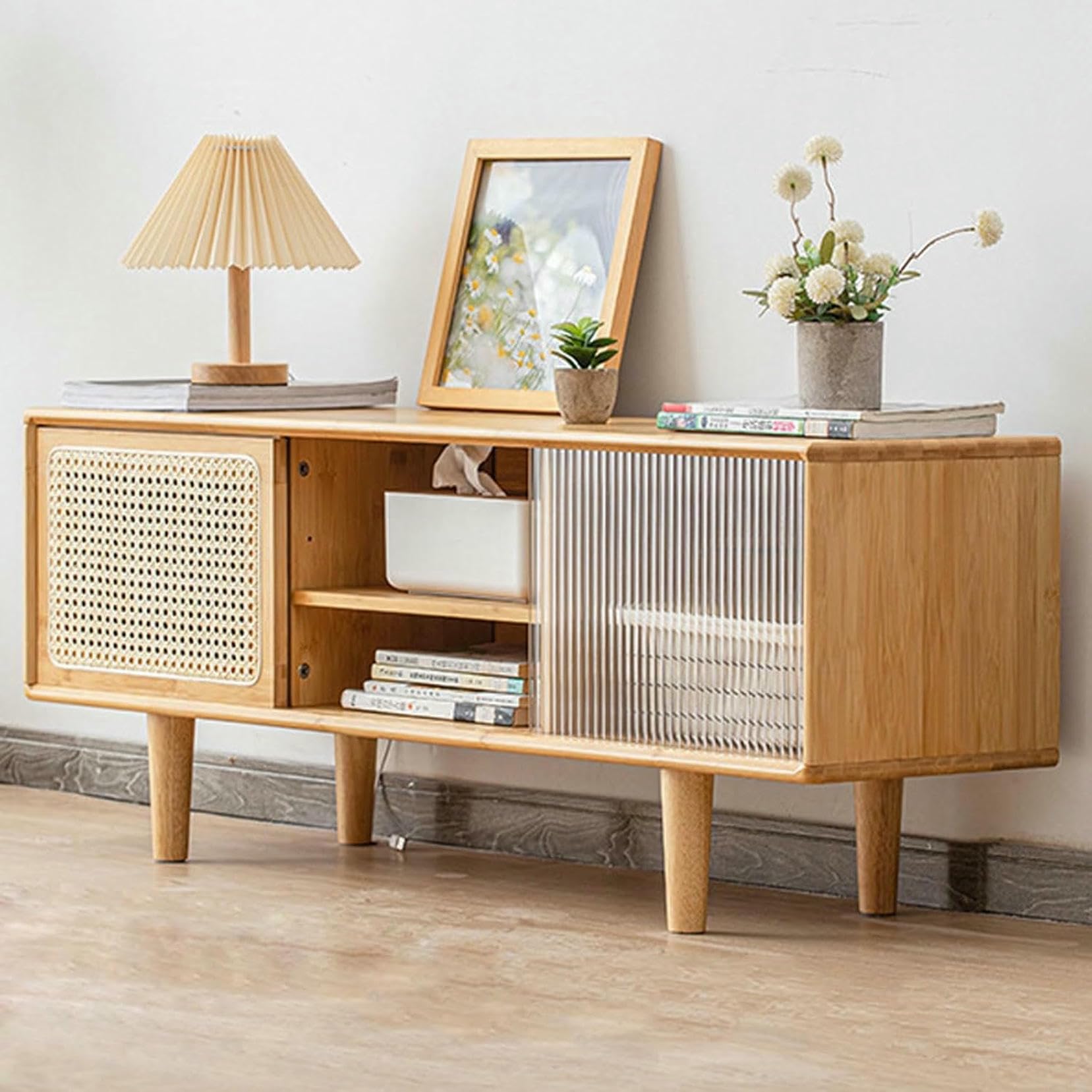 Mobile TV moderno Mid-Century con console Der Slish Wood Ma per TV, intrattenimento e gioco, pelliccia di ispirazione vintage per soggiorno e home theater