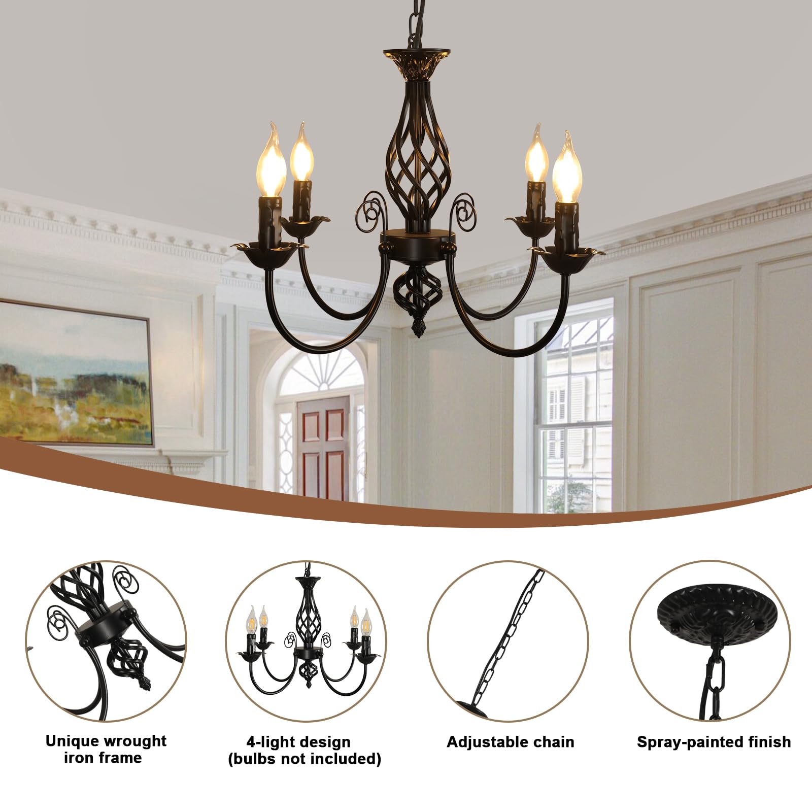 Comely Lampara araña Negro, 4 Luces E14 Lampara Colgante Techo Candelabro | Ajustable Lámpara de Techo Rusticas para Cocina, Comedor, Sala de Estar