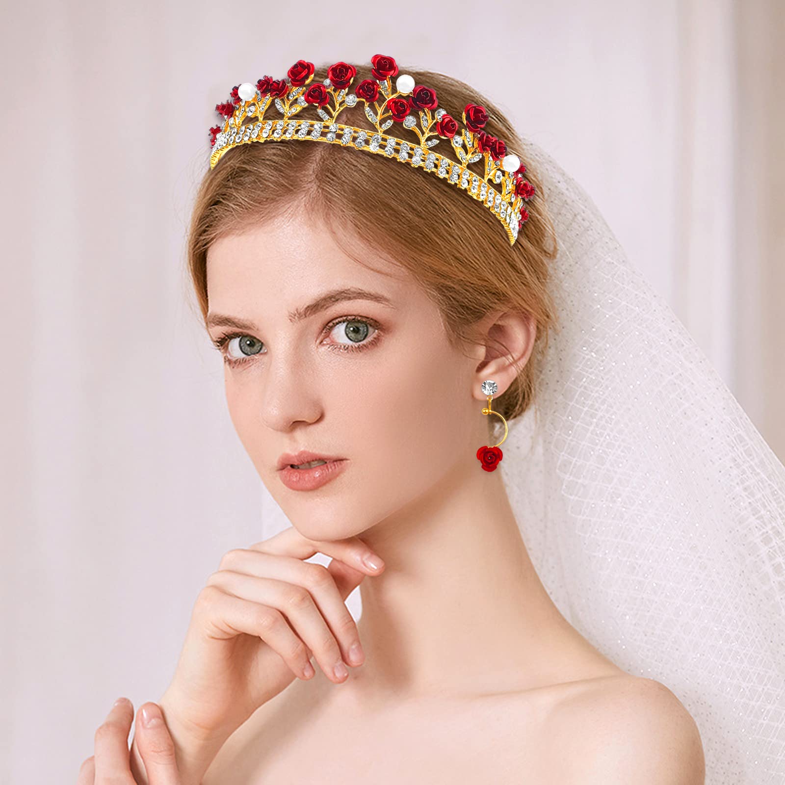 Red Rose Bridal Tiara Bride Headdress Alloy Rhinestone Wedding Crown for Prom, Red Rose Flower Crown, Red Bridal Tiara, Bride Headpiece  main image 2