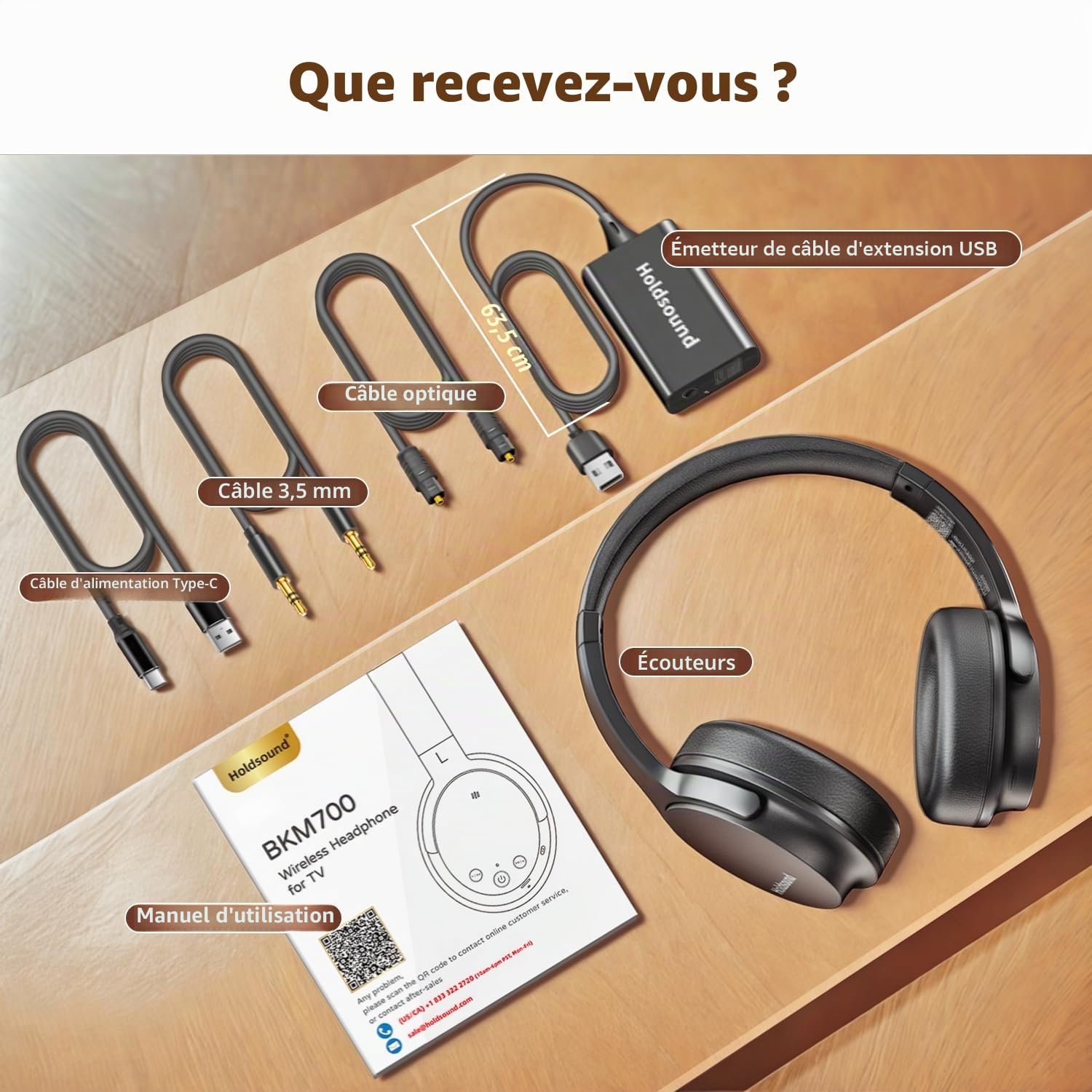 Holdsound Casque TV sans Fil avec Émetteur USB Câble Extension, Plug & Play, Son Net, Dialogues Clairs, 50m Portée sans Fil, Cuir Protéiné Mousse Mémoire, 25H d'Autonomie, pour Séniors