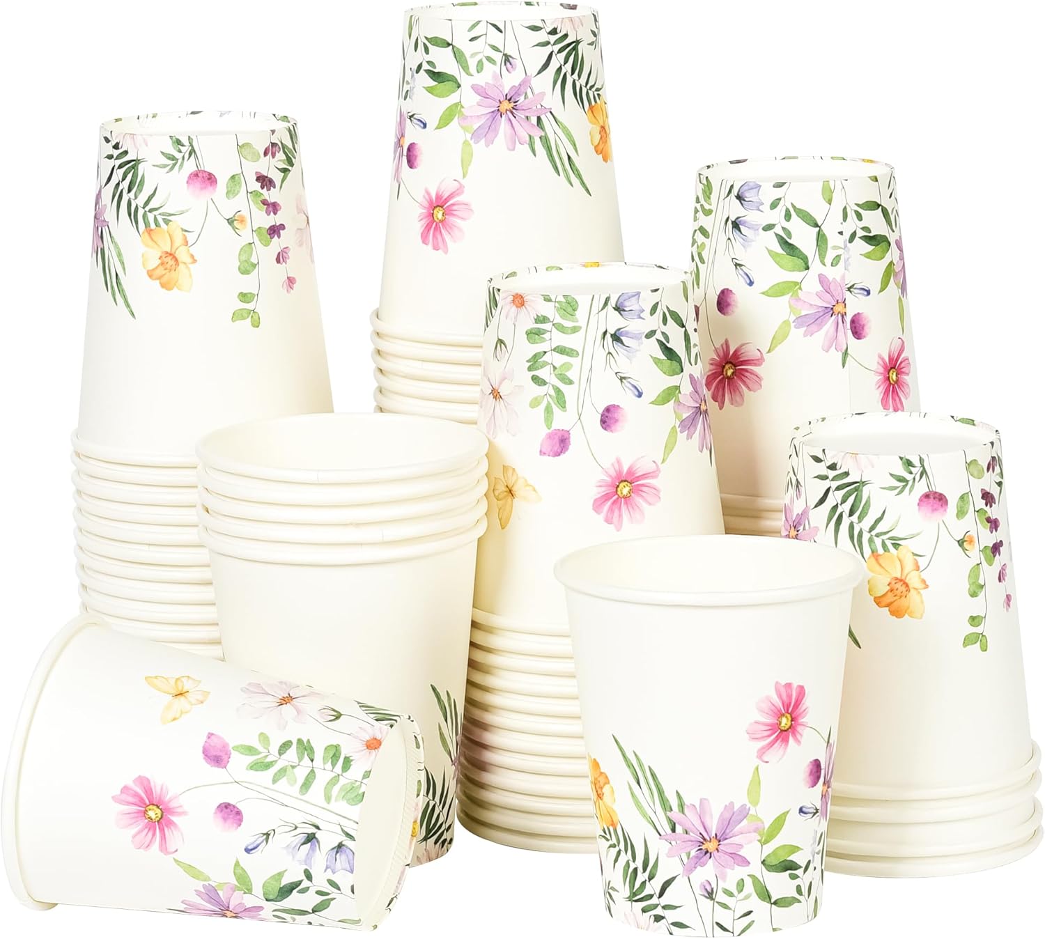 100Pcs Flowers Butterfly Paper Cups Spring Floral Disposable Party Cups 9oz Watercolor Wildflowers Drinking Cups for Hot Cold Beverage Bridal Wedding Shower Shower Party Supplies - Image 8