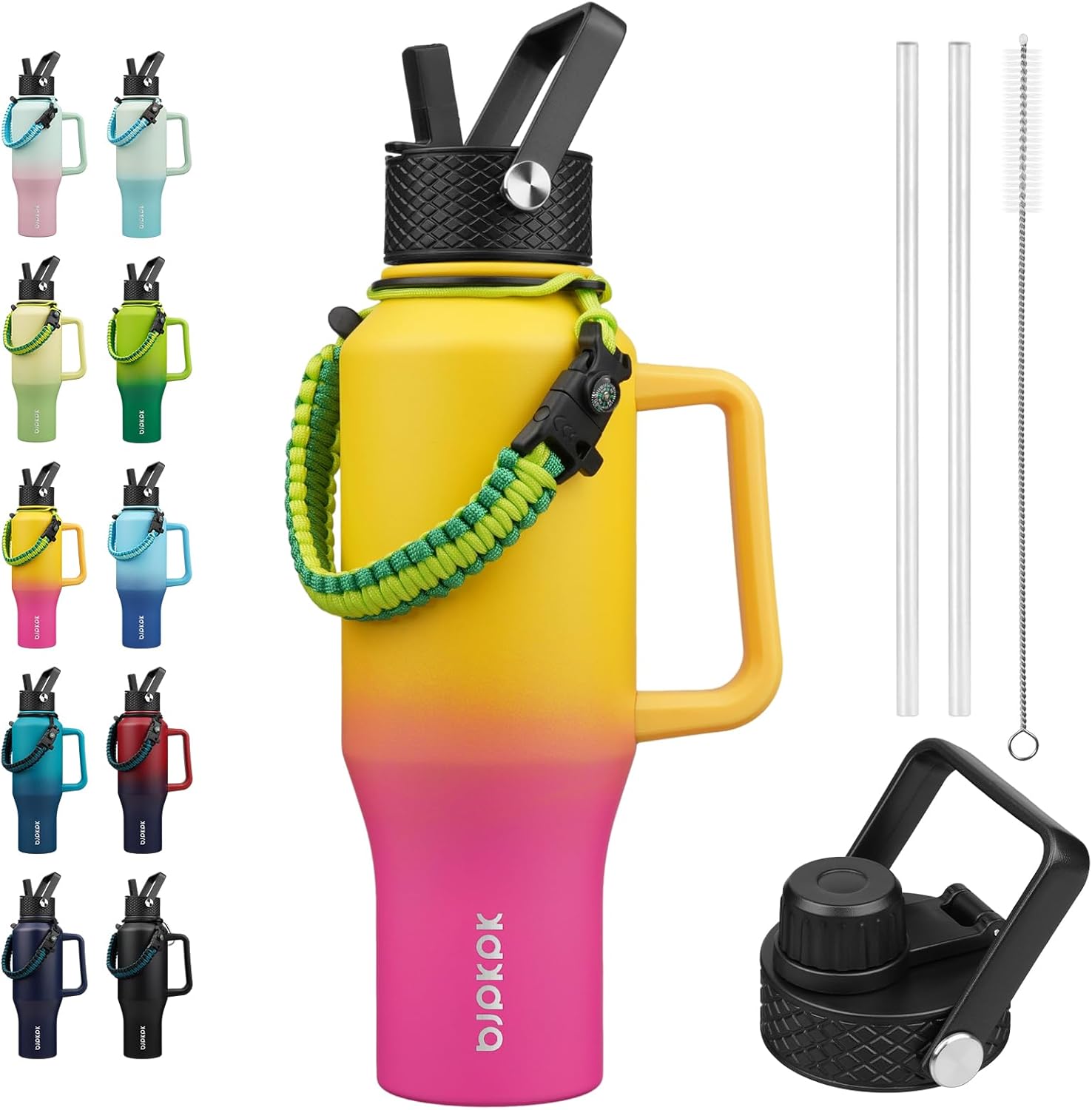 BJPKPK Insulated Water Bottles with Straw Lid, 35oz Metal Water Bottle with 2 lids & Paracord Strap, Double Wall Stainless Steel Tumbler with Handle, Reusable Cups, Mugs, Thermo, Pink & Yellow Rose