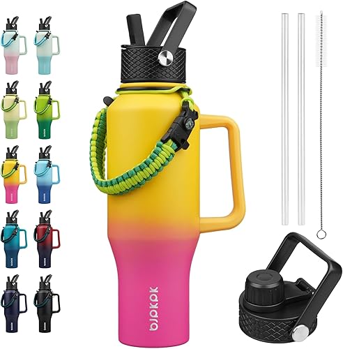 Miniatura 18 de BJPKPK Botellas de agua aisladas con tapa con pajita, botella de agua de metal de 23 onzas con 2 tapas y correa de paracord, vasos al vacío de acero