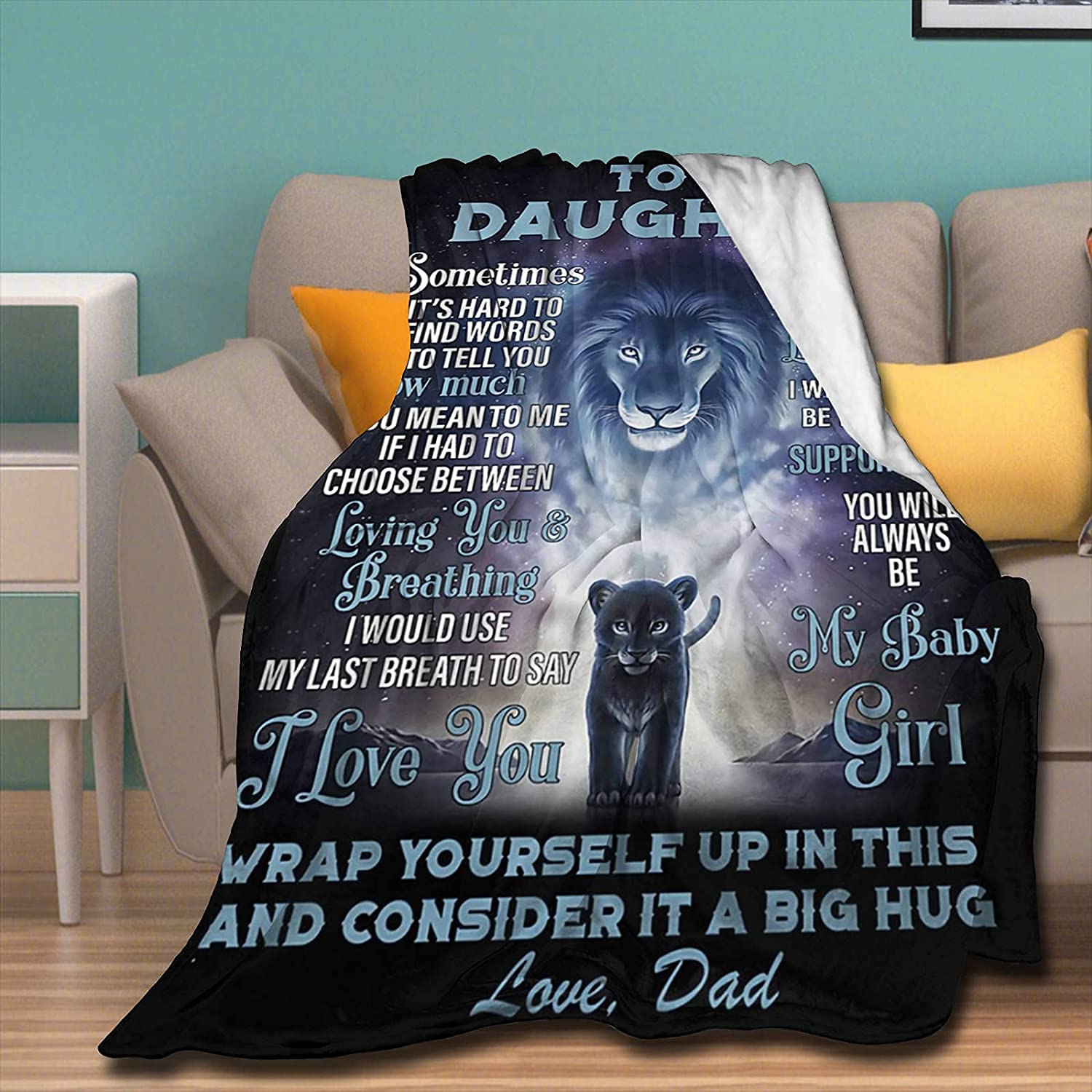 Coperta Flanella Super Morbida Papà E Figlia - Regalo Con Leone E Scritta, Per Letto E Divano, 50x40 Cm