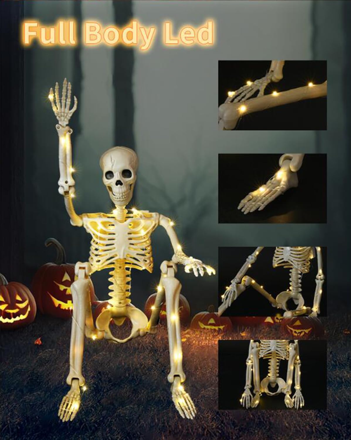 Esqueleto De 90cm con Luz Led Decoración De Halloween, Puede Estar De Pie O Sentarse Estatua De Esqueleto Al Aire Libre Patio Fantasma Casa Decoración De Terror