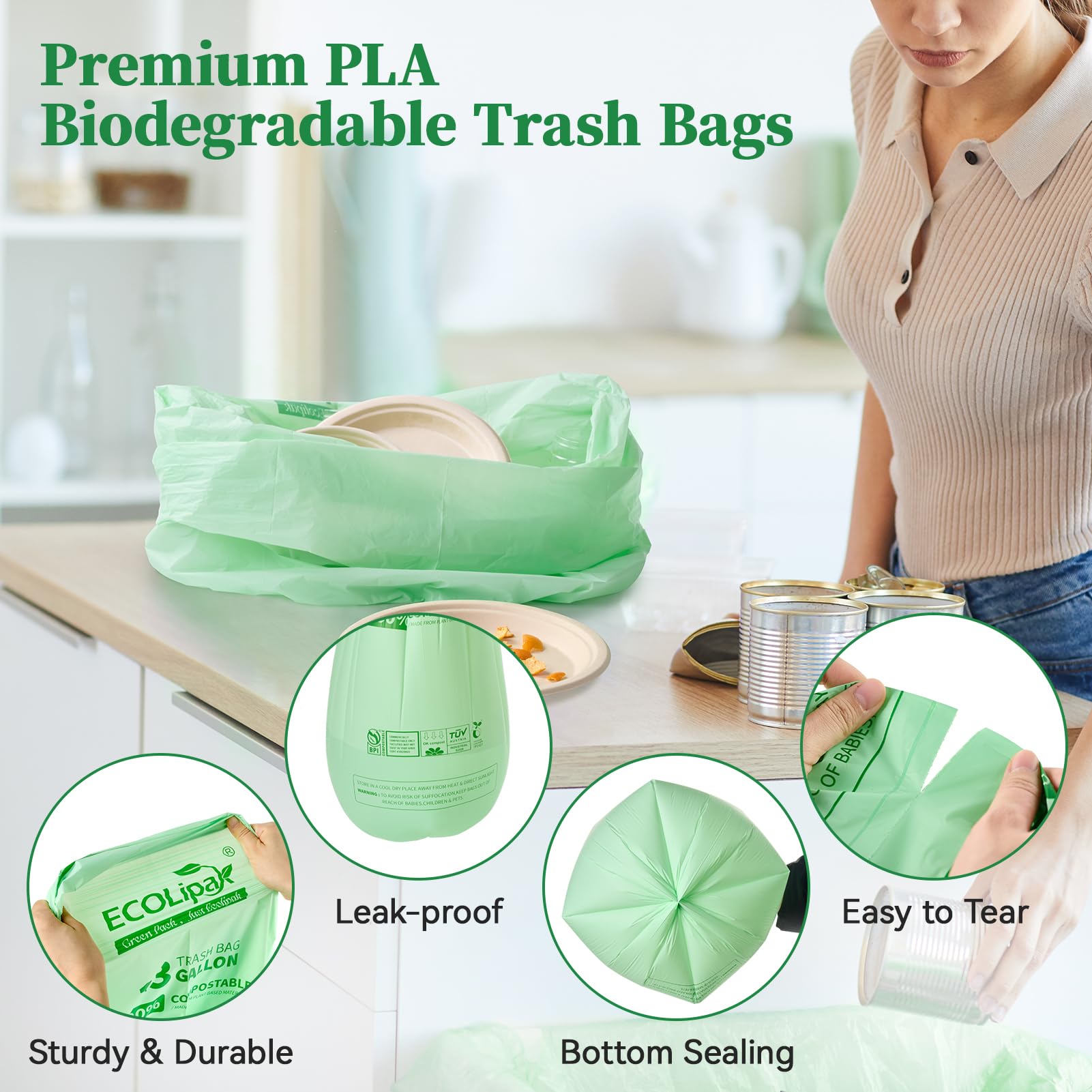 ECOLipak Bolsas de basura compostables de 13 galones, 50 unidades (1 rollo), biodegradables, resistentes, para baño, cocina, hogar, oficina, certificación BPI ASTM D6400 y OK Compost Home