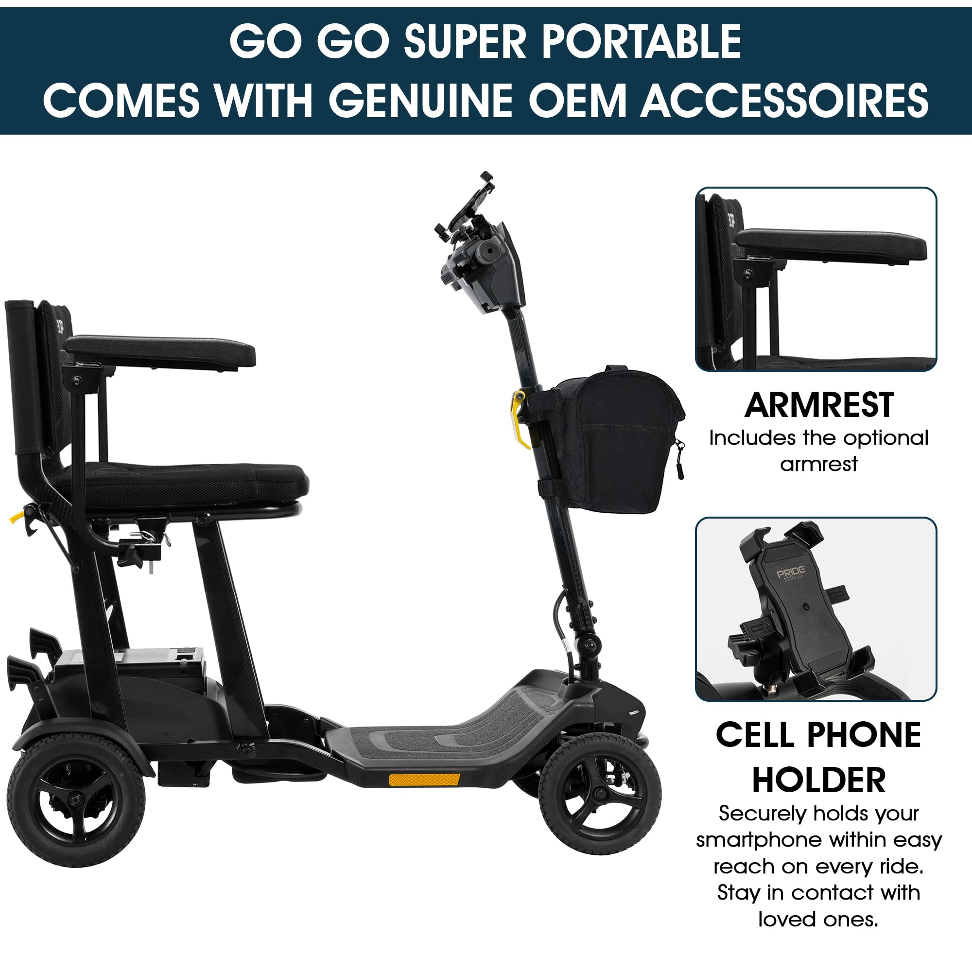 Pride Mobility Go Go - Patinete de viaje súper portátil + soporte para teléfono celular, kit de reposabrazos, scooter plegable de movilidad eléctrica, capacidad de 300 libras, compatible con Ariline