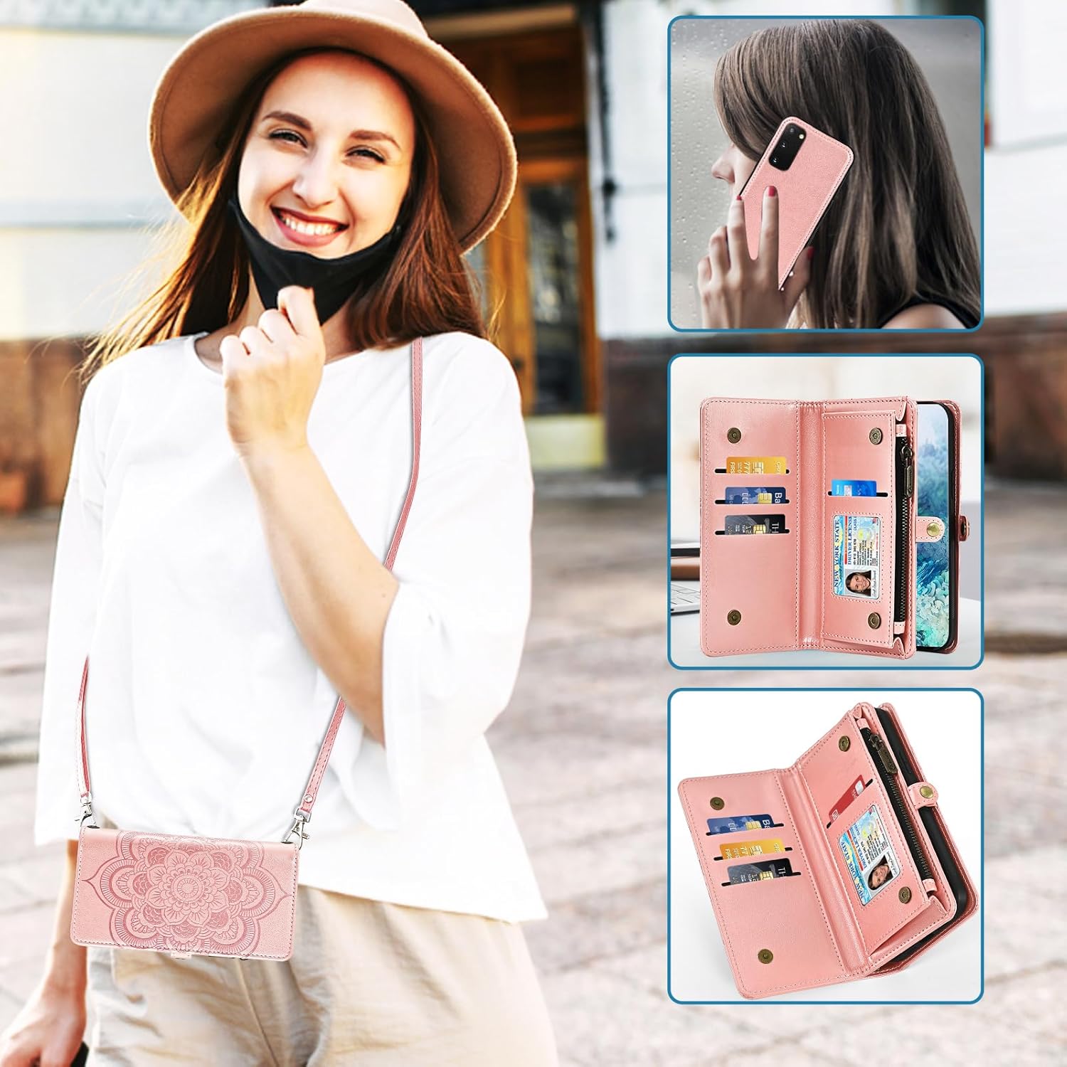 Asuwish Phone Case for Samsung Galaxy S20 5G 6.2 inch Zipper Wallet Detachable Cell Cover with Tempered Glass Screen Protector Strap Mandala Flower Card Holder S 20 20S UW S2O G5 Women Girls Rose Gold