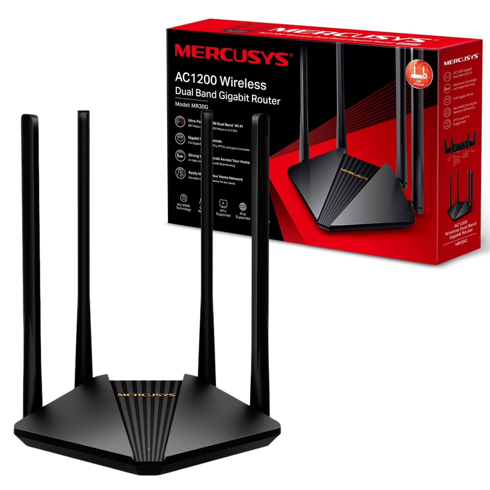 MERCUSYS MR30G Routeur WiFi Gigabit double bande AC1200 Mbps, vitesse jusqu'à 1,2 Gbit/s, routeur de jeu avec ports Gigabit complets pour Xbox, PS4, PC, IPTV et IPv6 pris en charge, streaming de
