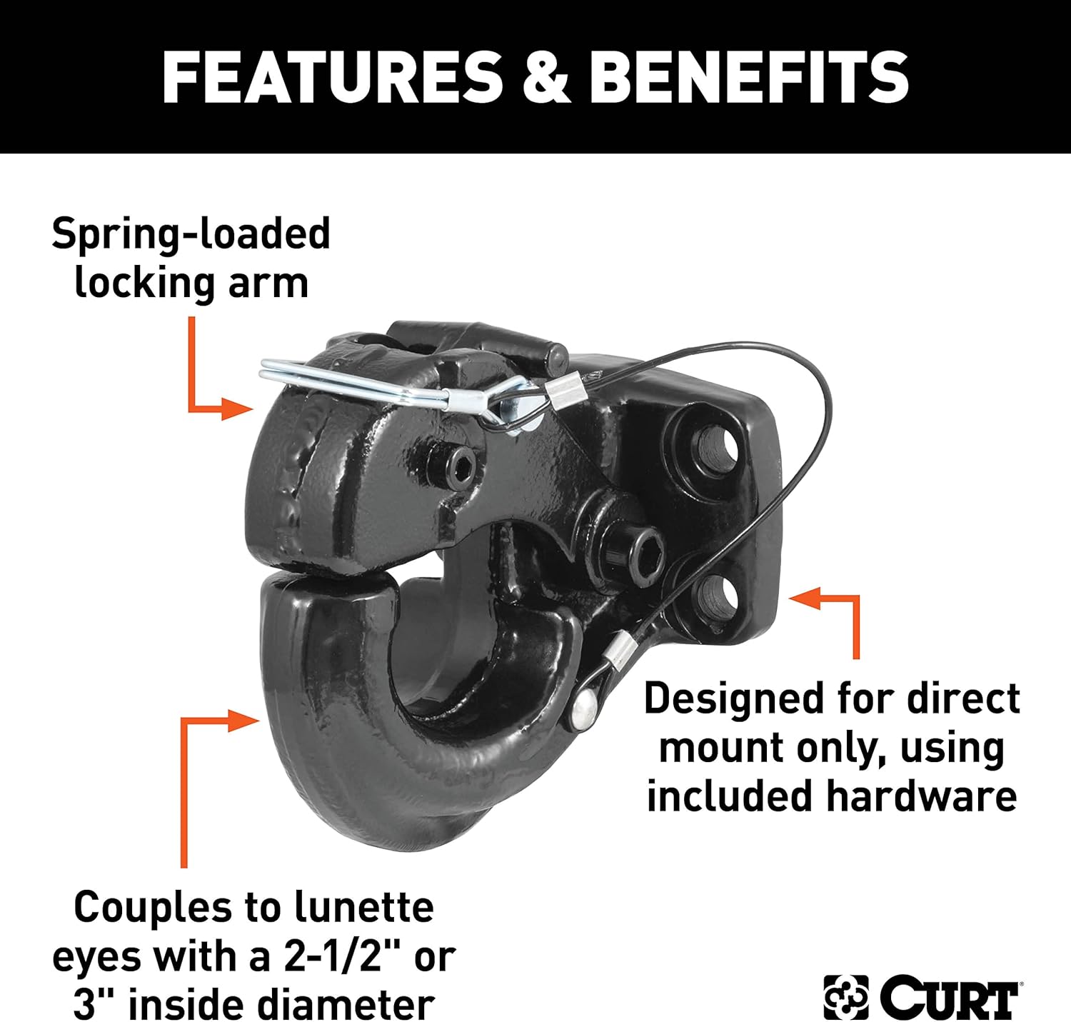 CURT 48231 Pintle Hook Hitch 60,000 lbs, Fits 2-1/2 to 3-Inch Lunette Ring, Direct Mount Only