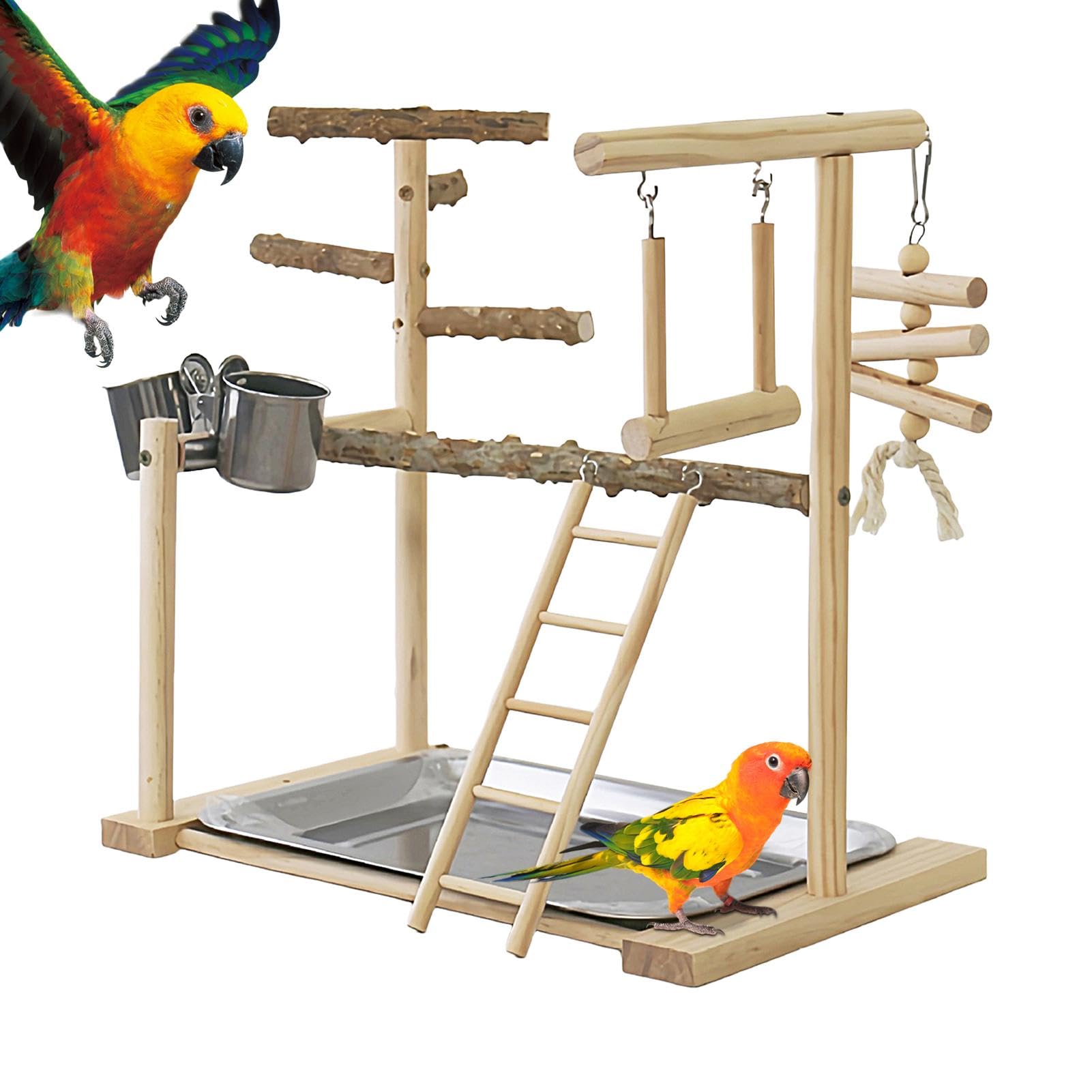 Parque de Juegos para pájaros, Loros, Soporte de Madera para pájaros, Parque de Juegos para periquitos, con Taza de alimentación y Bandeja, Juguetes para pájaros, Juguete de Ejercicio para