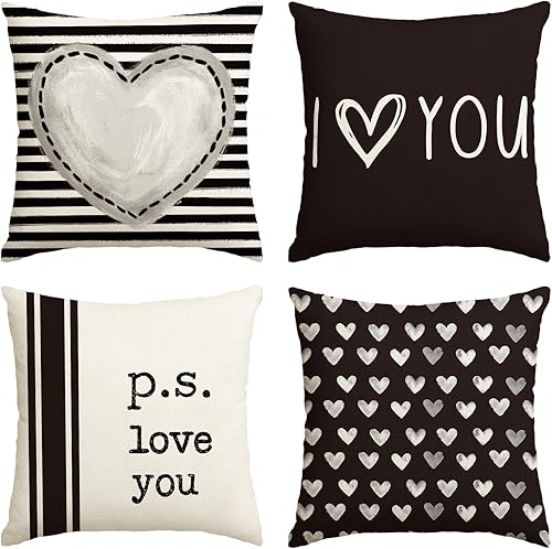 AVOIN colorlife Juego de 4 fundas de almohada para el día de San Valentín 20 x 20 pulgadas diseño de rayas de corazón de San Valentín diseño de Love