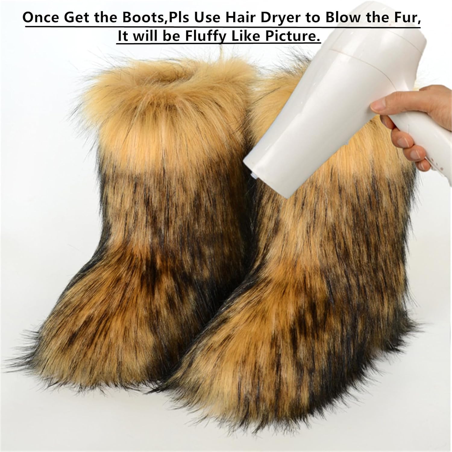 Furry Faux Fur Boots for Women,Winter Fuzzy Fluffy Snow Boots for Woman Fur Lined Mid Calf Black Brown Fur Boots y2k - Image 7
