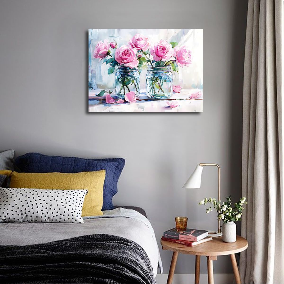 CHERHERART Wandkunst fürs Wohnzimmer Rosa Rosen Einmachgläser Bilder Wanddekoration Moderne Frühlingsblumen-Leinwandmalerei Romantisch-Chic Wohndeko 40x50 cm Innenrahmen