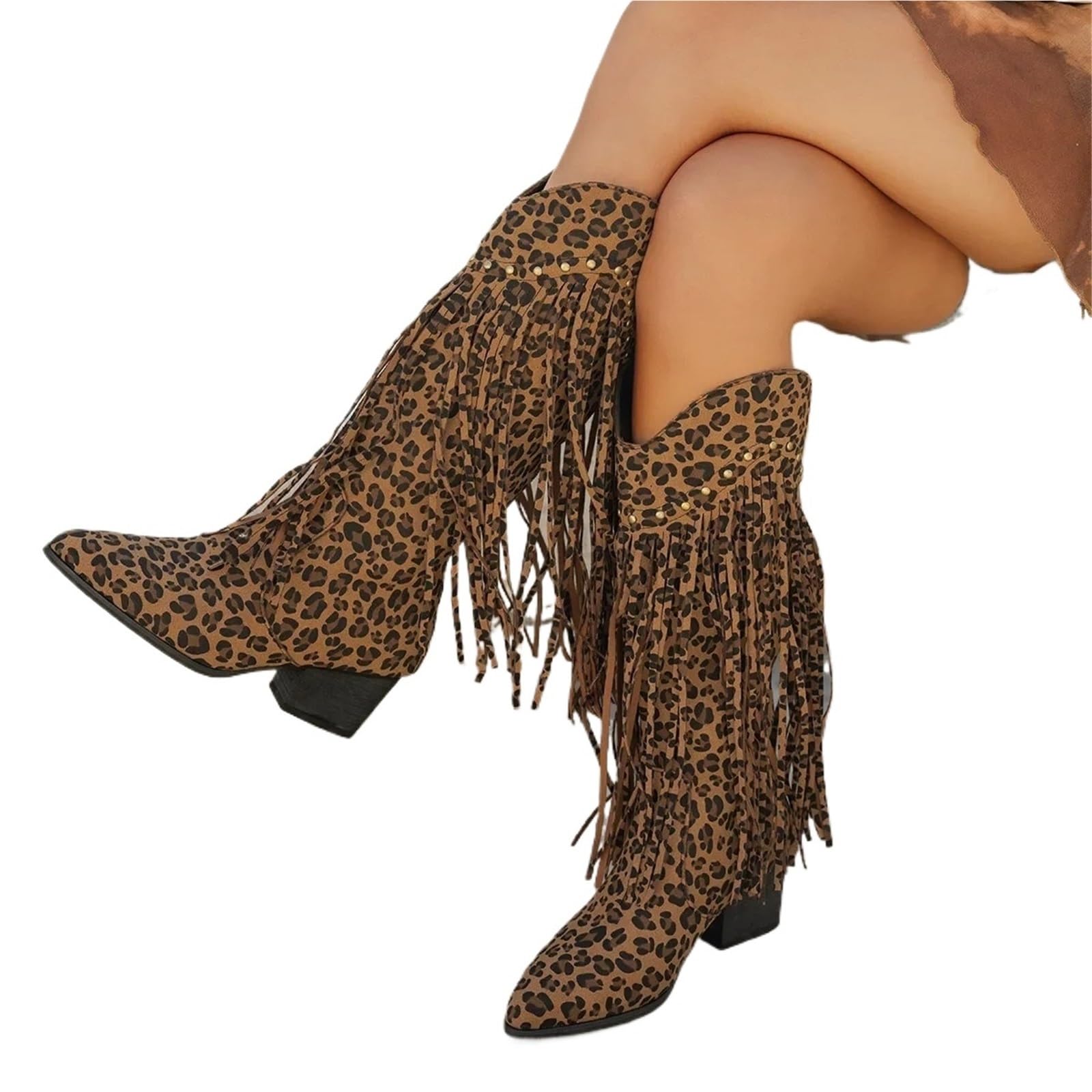 Stivali Texani Donna Stivali da equitazione western con frange Stivaletti al ginocchio alla moda donna tacco alto a punta autunnale cowgirl